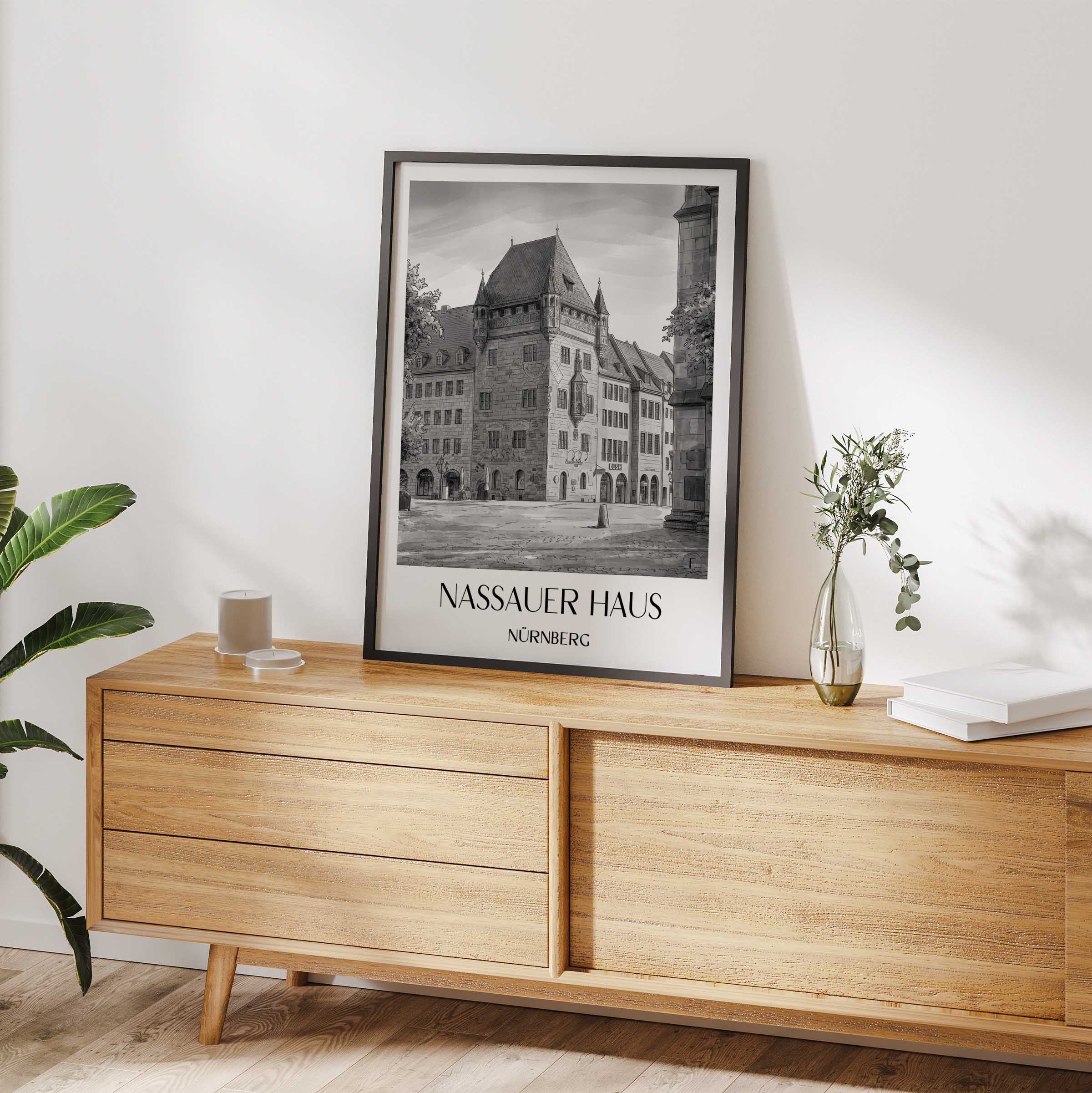 nassauer-haus-nürnberg-deutschland-poster-aquarell-schwarz-weiss