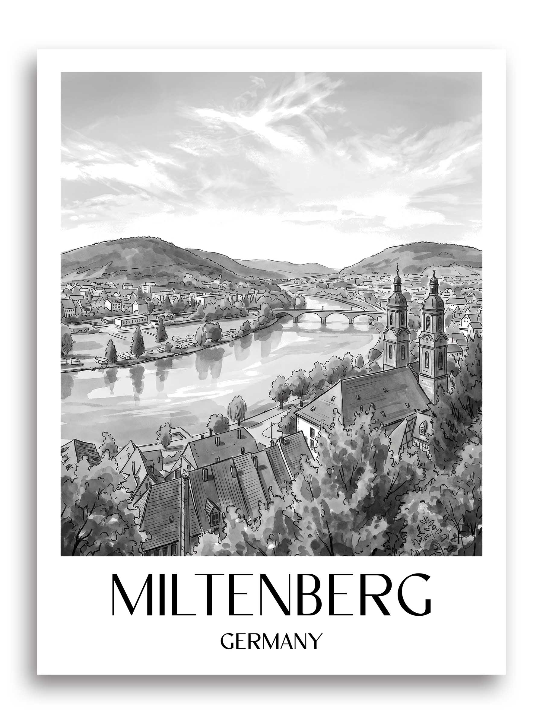 Miltenberg Poster - - Deutschland Kunstdruck - Aquarell Schwarz-Weiß von A4 bis A1
