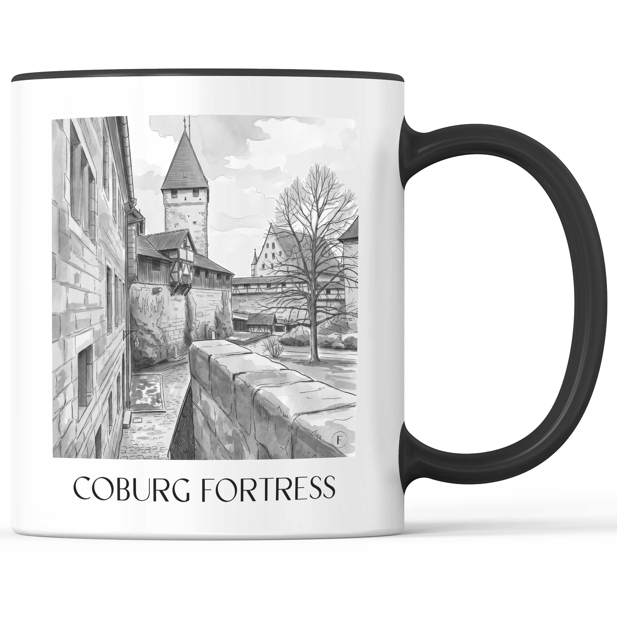 Veste Coburg - Deutschland Becher - Kaffeetasse im Aquarell Schwarz-Weiß Stil