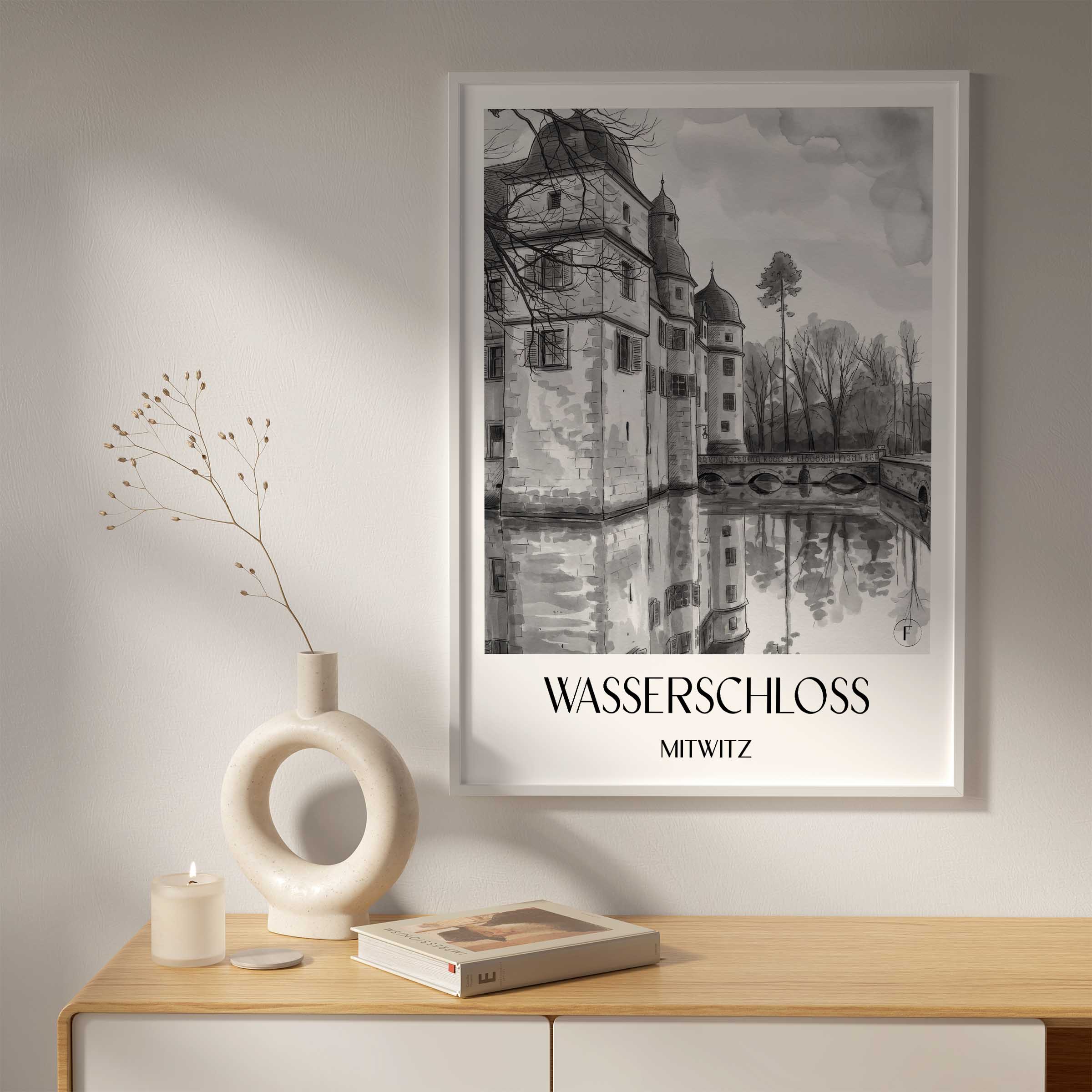 wasserschloss-mitwitz-deutschland-poster-aquarell-schwarz-weiss
