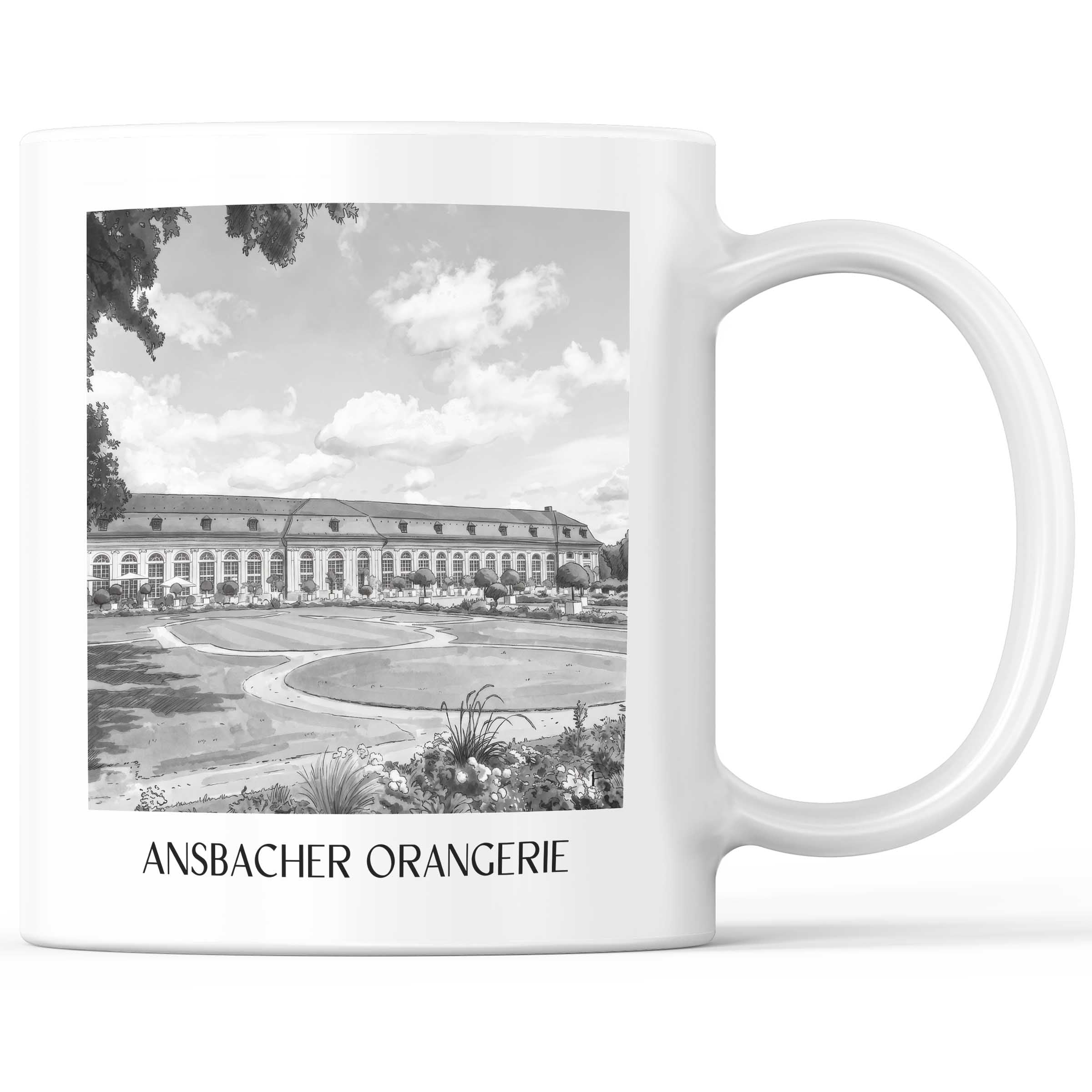 Orangerie Kaffeebecher - Ansbach - Deutschland Becher - Kaffeetasse im Aquarell Schwarz-Weiß Stil