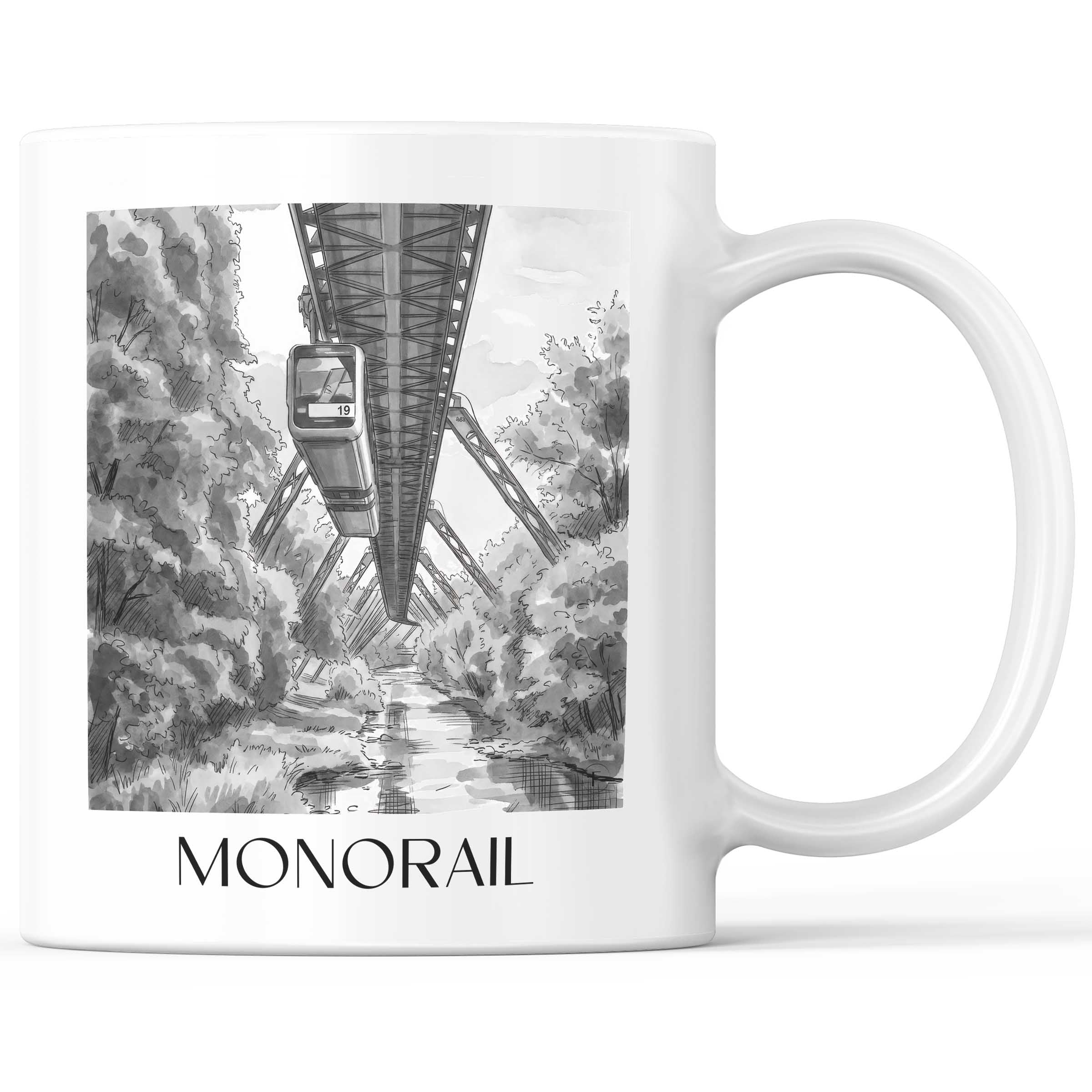 Schwebebahn Kaffeebecher - Wuppertal - Deutschland Becher - Kaffeetasse im Aquarell Schwarz-Weiß Stil