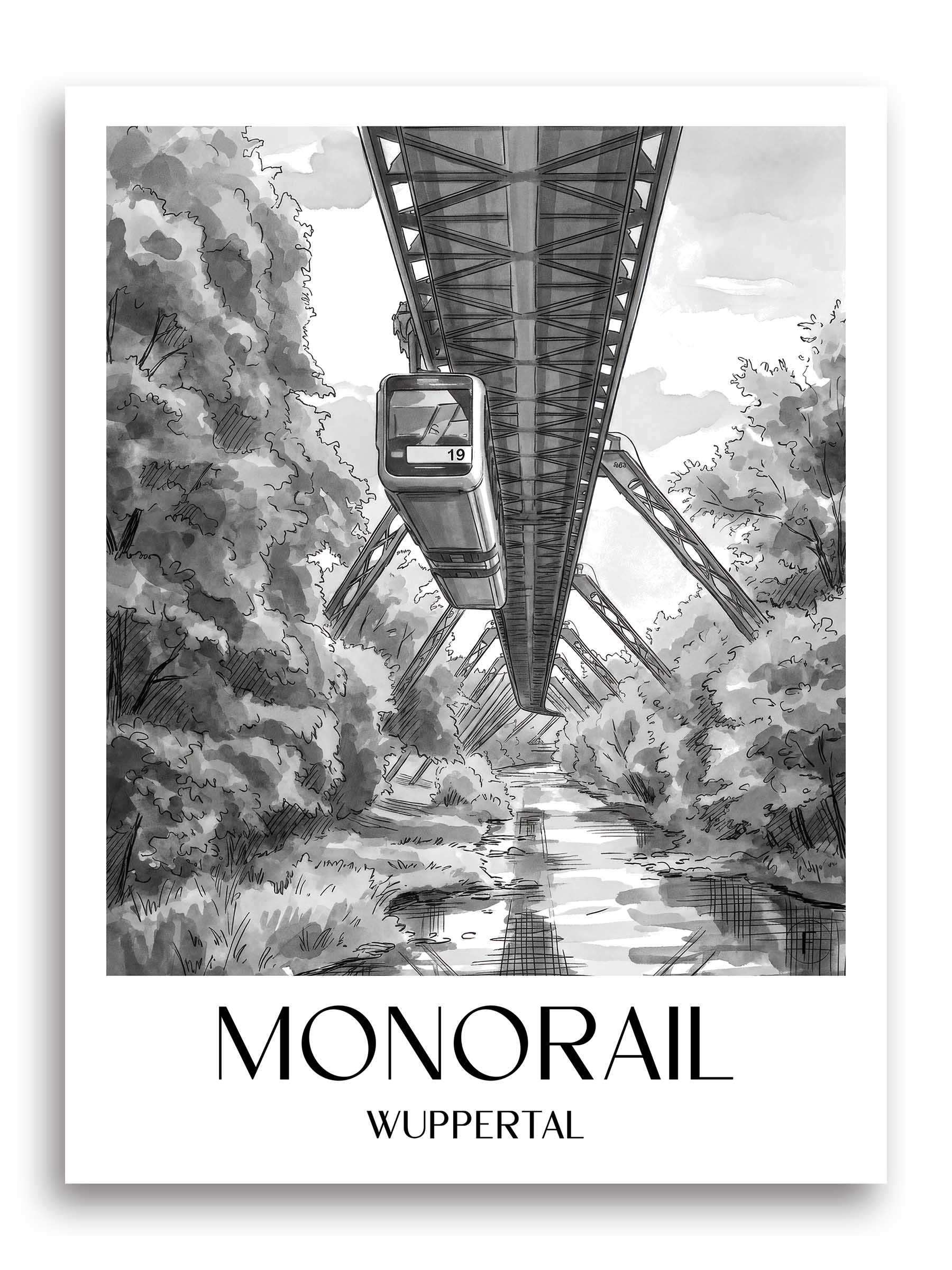 Schwebebahn Poster - Wuppertal - Deutschland Kunstdruck - Aquarell Schwarz-Weiß von A4 bis A1