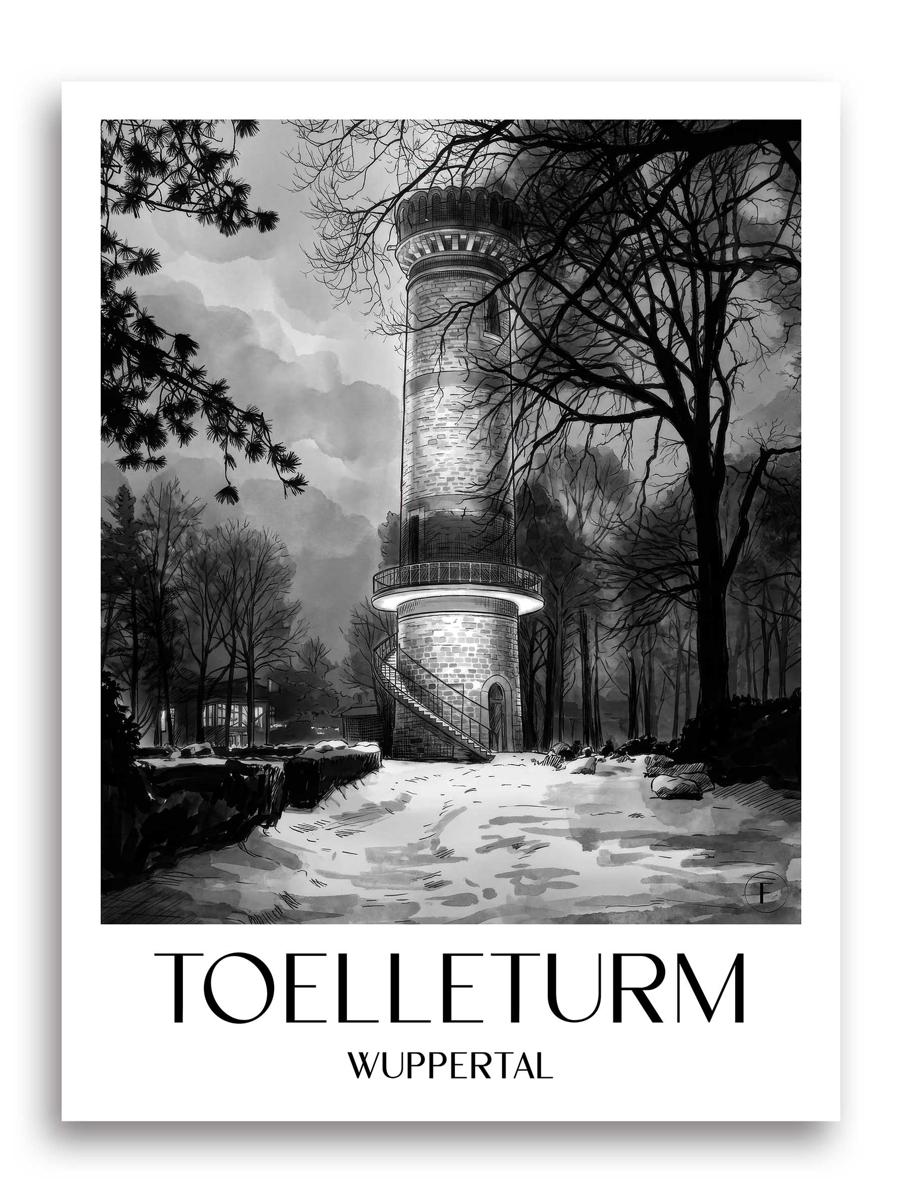 Toelleturm Poster - Wuppertal - Deutschland Kunstdruck - Aquarell Schwarz-Weiß von A4 bis A1