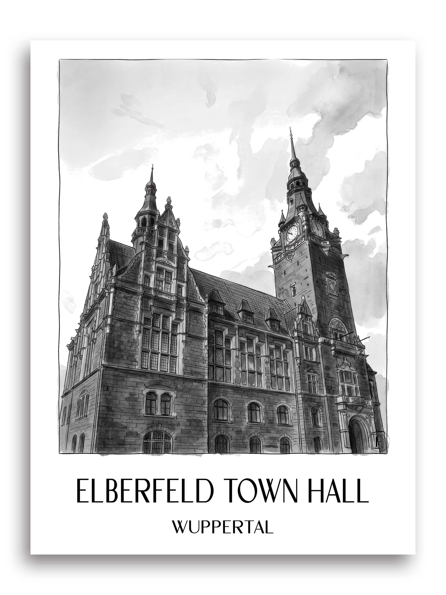 Rathaus Elberfeld Poster - Wuppertal - Deutschland Kunstdruck - Aquarell Schwarz-Weiß von A4 bis A1