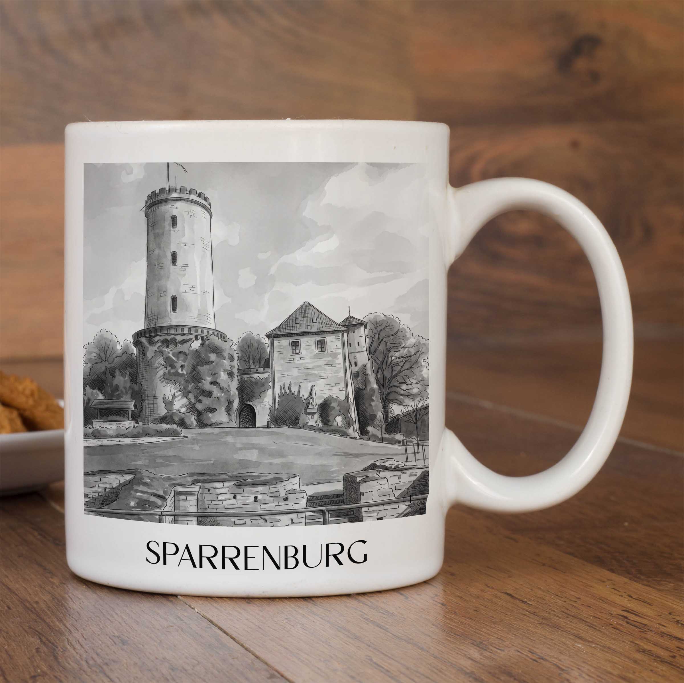 sparrenburg-bielefeld-deutschland-kaffeebecher-aquarell-schwarz-weiss