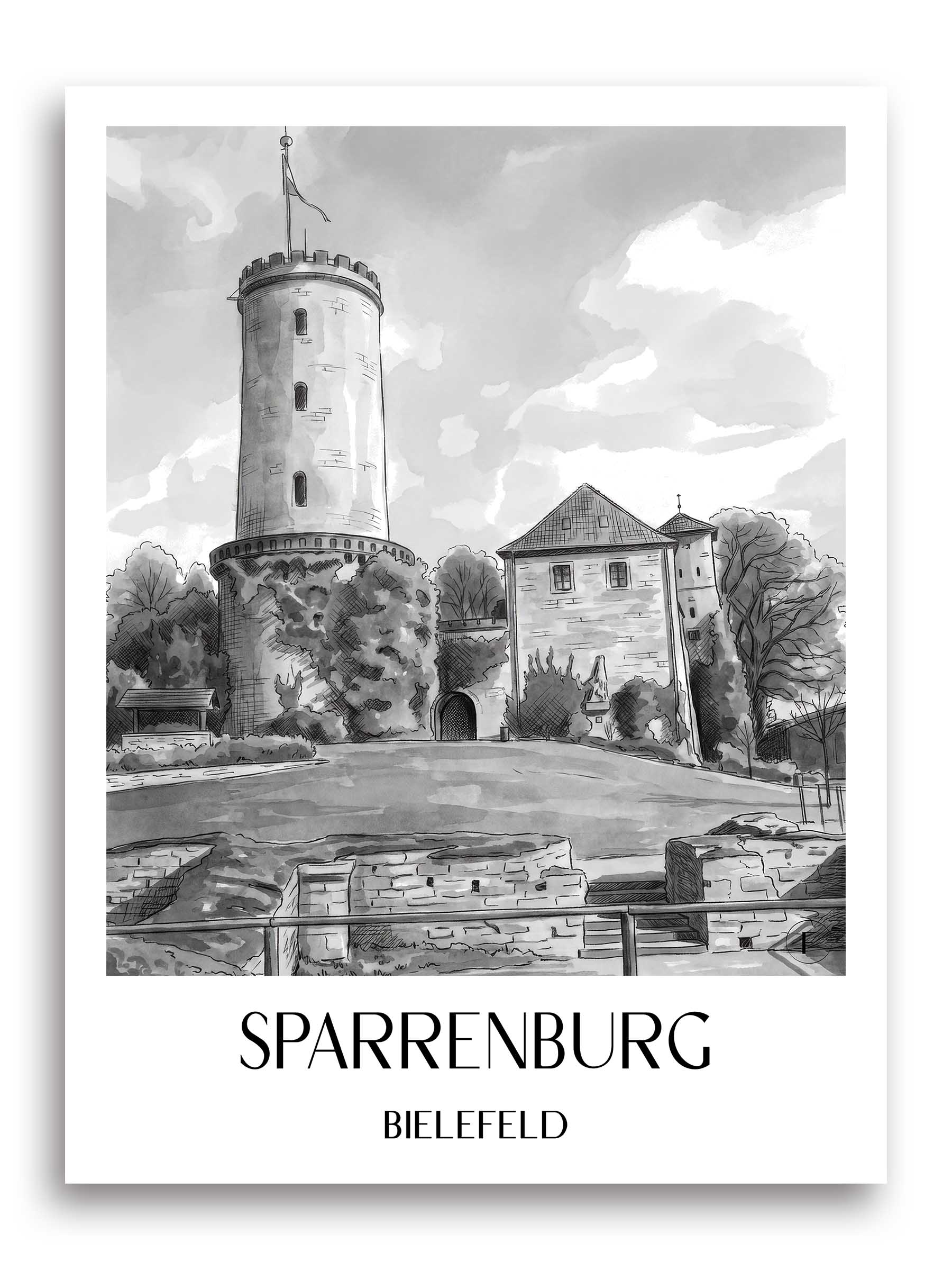 Sparrenburg Poster - Bielefeld - Deutschland Kunstdruck - Aquarell Schwarz-Weiß von A4 bis A1