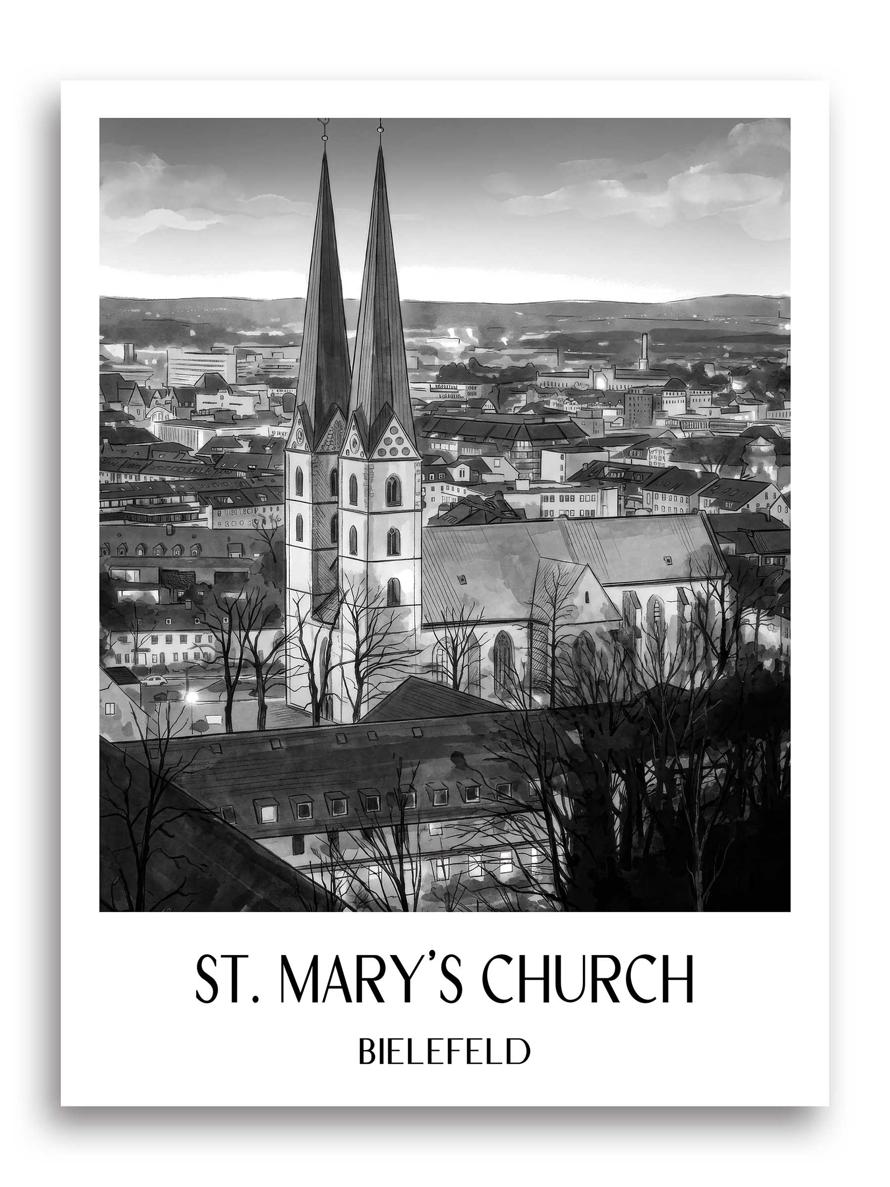 Marienkirche Poster - Bielefeld - Deutschland Kunstdruck - Aquarell Schwarz-Weiß von A4 bis A1