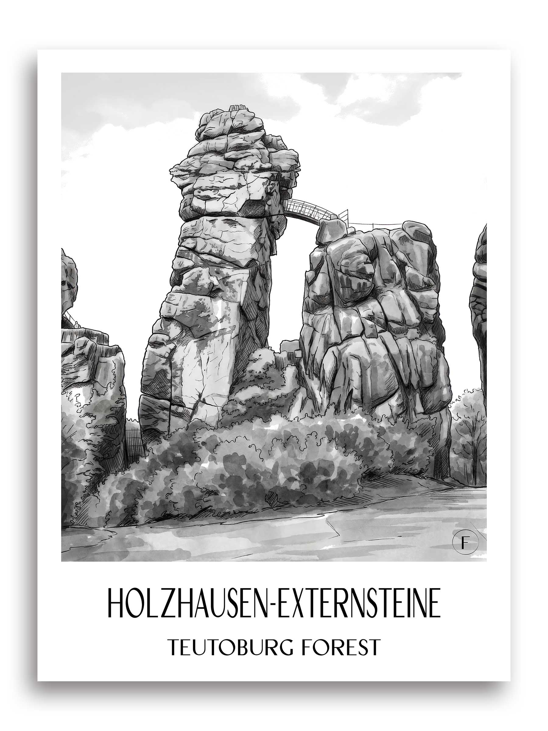 Holzhausen-Externsteine Poster - Teutoburger Wald - Deutschland Kunstdruck - Aquarell Schwarz-Weiß von A4 bis A1