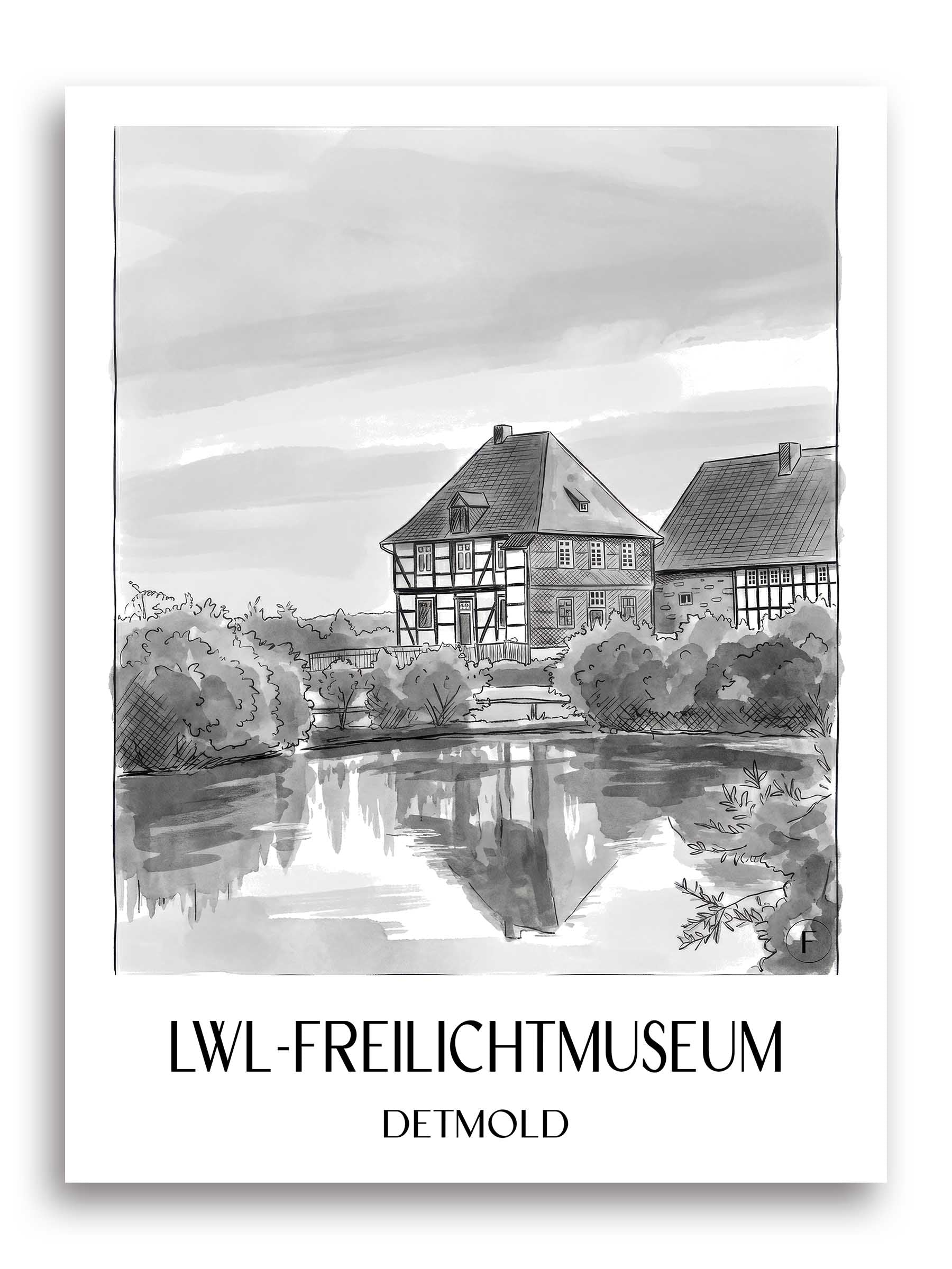 lwl-freilichtmuseum-detmold-deutschland-poster-aquarell-schwarz-weiss