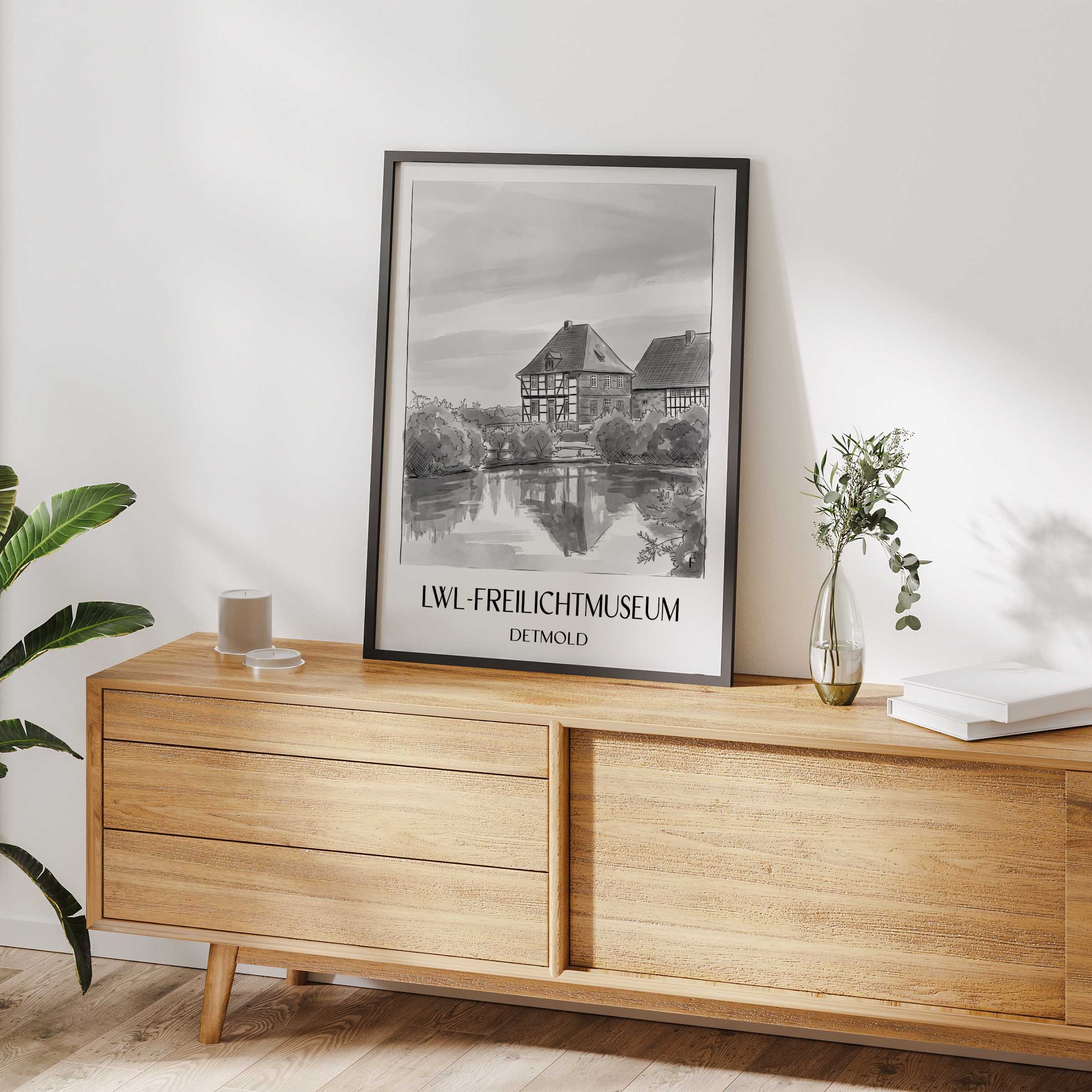 lwl-freilichtmuseum-detmold-deutschland-poster-aquarell-schwarz-weiss