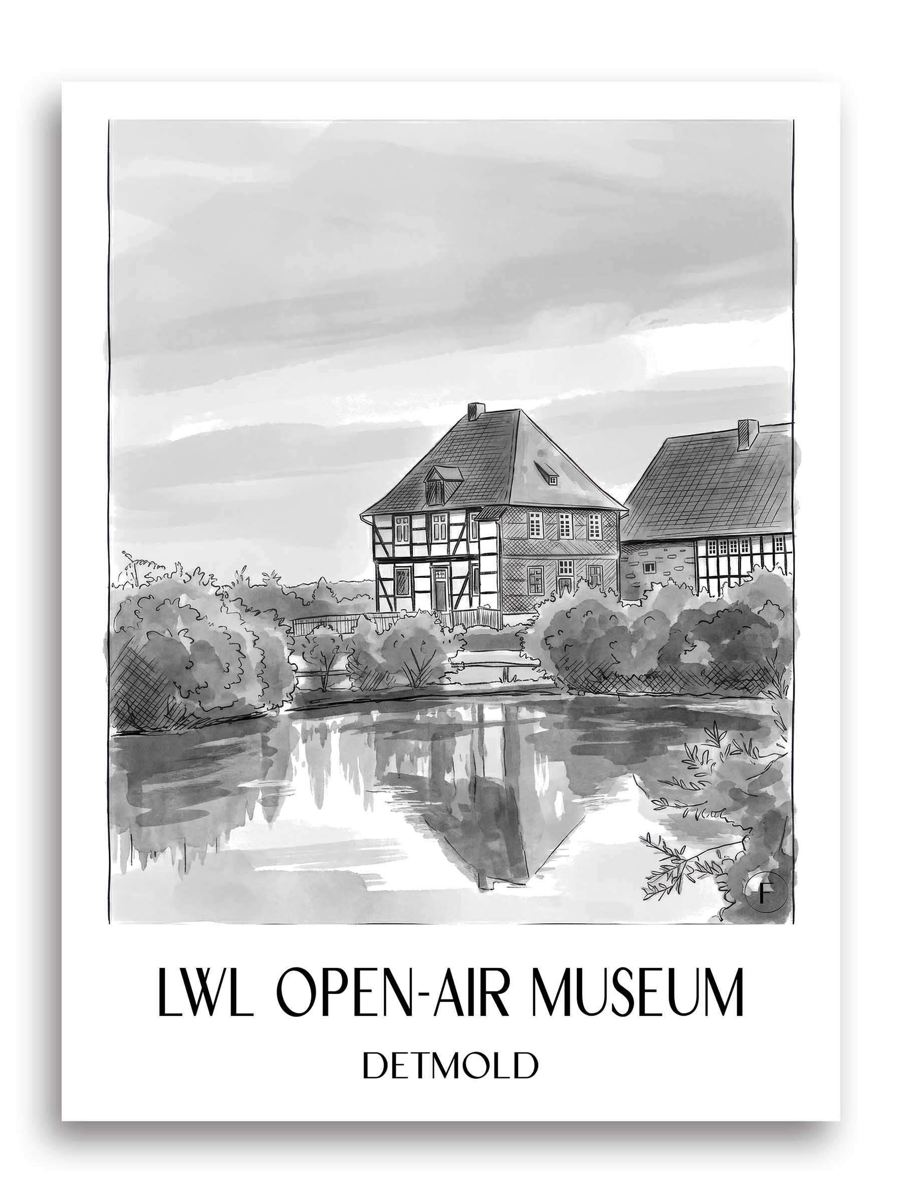 LWL-Freilichtmuseum Poster - Detmold - Deutschland Kunstdruck - Aquarell Schwarz-Weiß von A4 bis A1