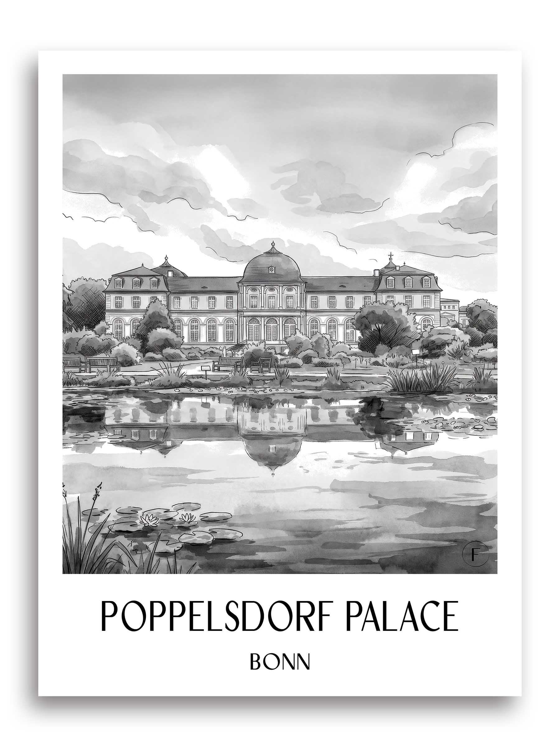 Poppelsdorfer Schloss Poster - Bonn - Deutschland Kunstdruck - Aquarell Schwarz-Weiß von A4 bis A1