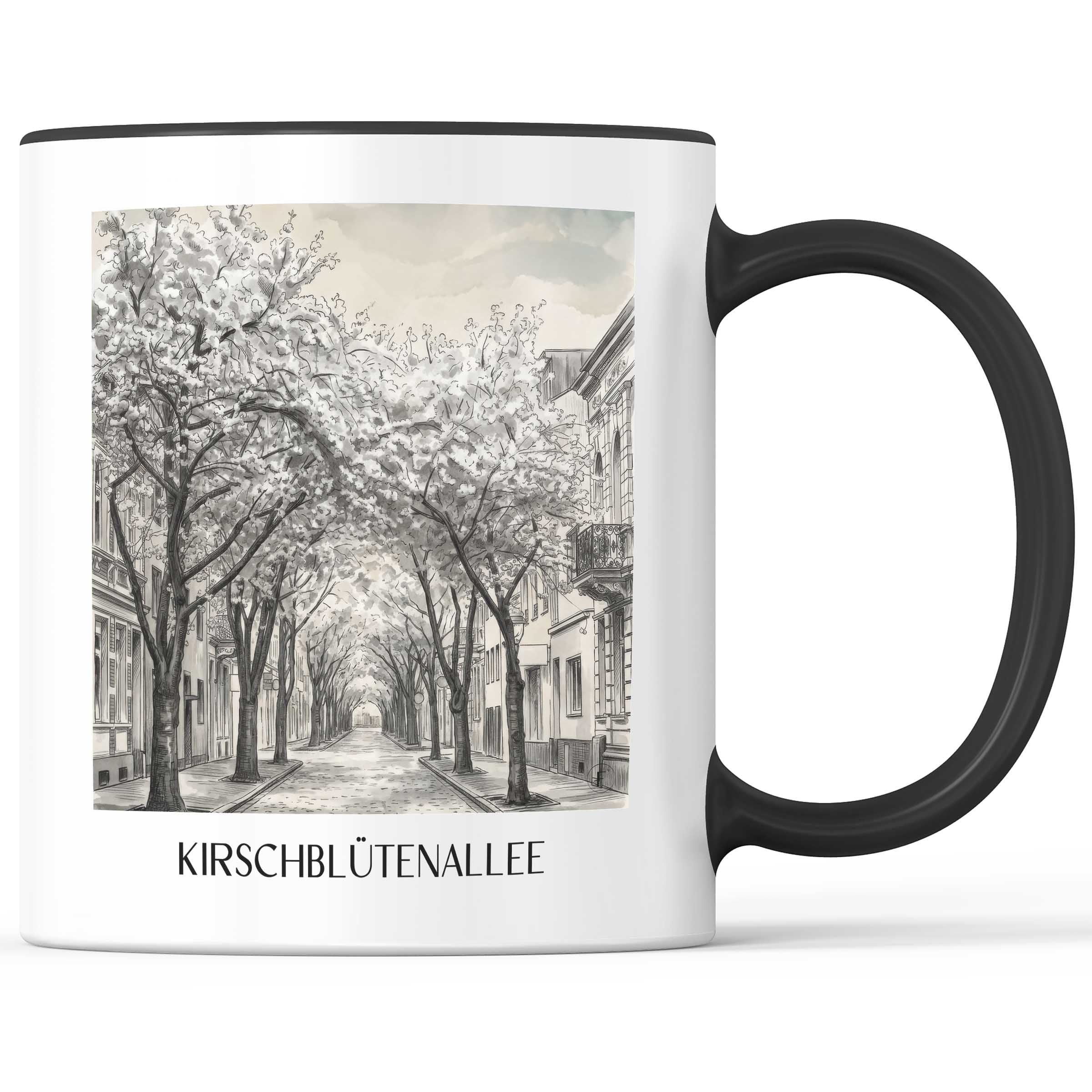 kirschblütenallee-bonn-deutschland-kaffeebecher-aquarell-schwarz-weiss