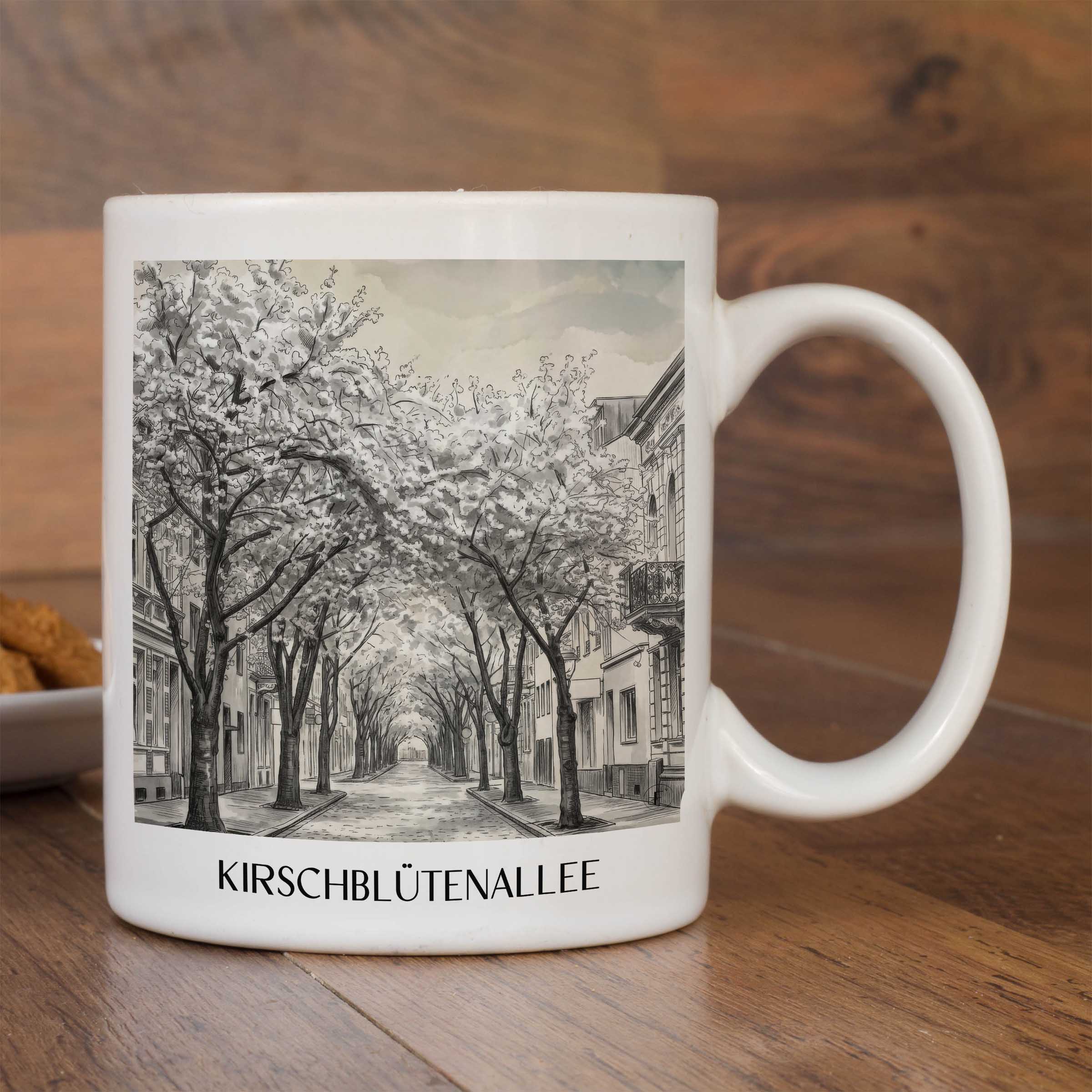 kirschblütenallee-bonn-deutschland-kaffeebecher-aquarell-schwarz-weiss