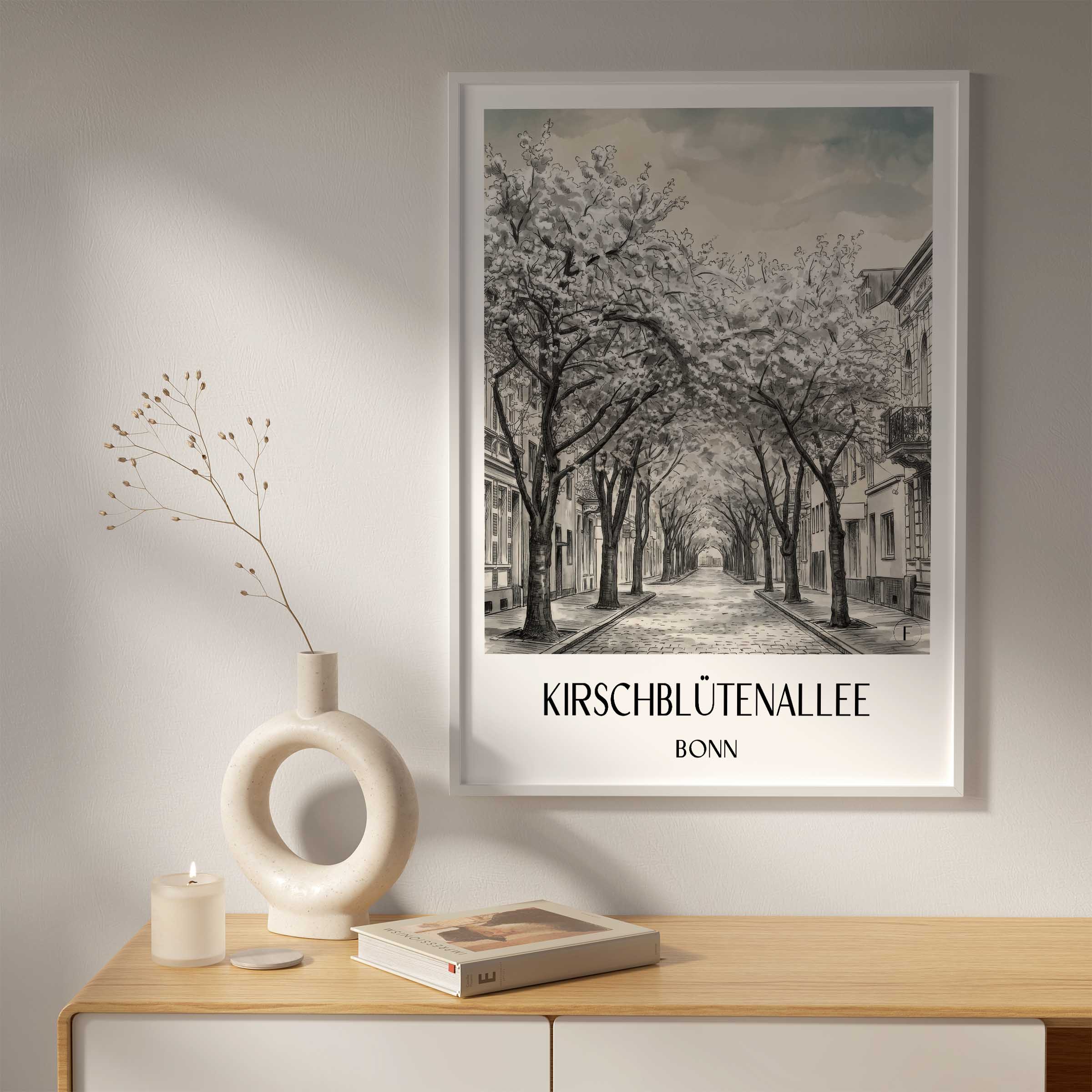 kirschblütenallee-bonn-deutschland-poster-aquarell-schwarz-weiss
