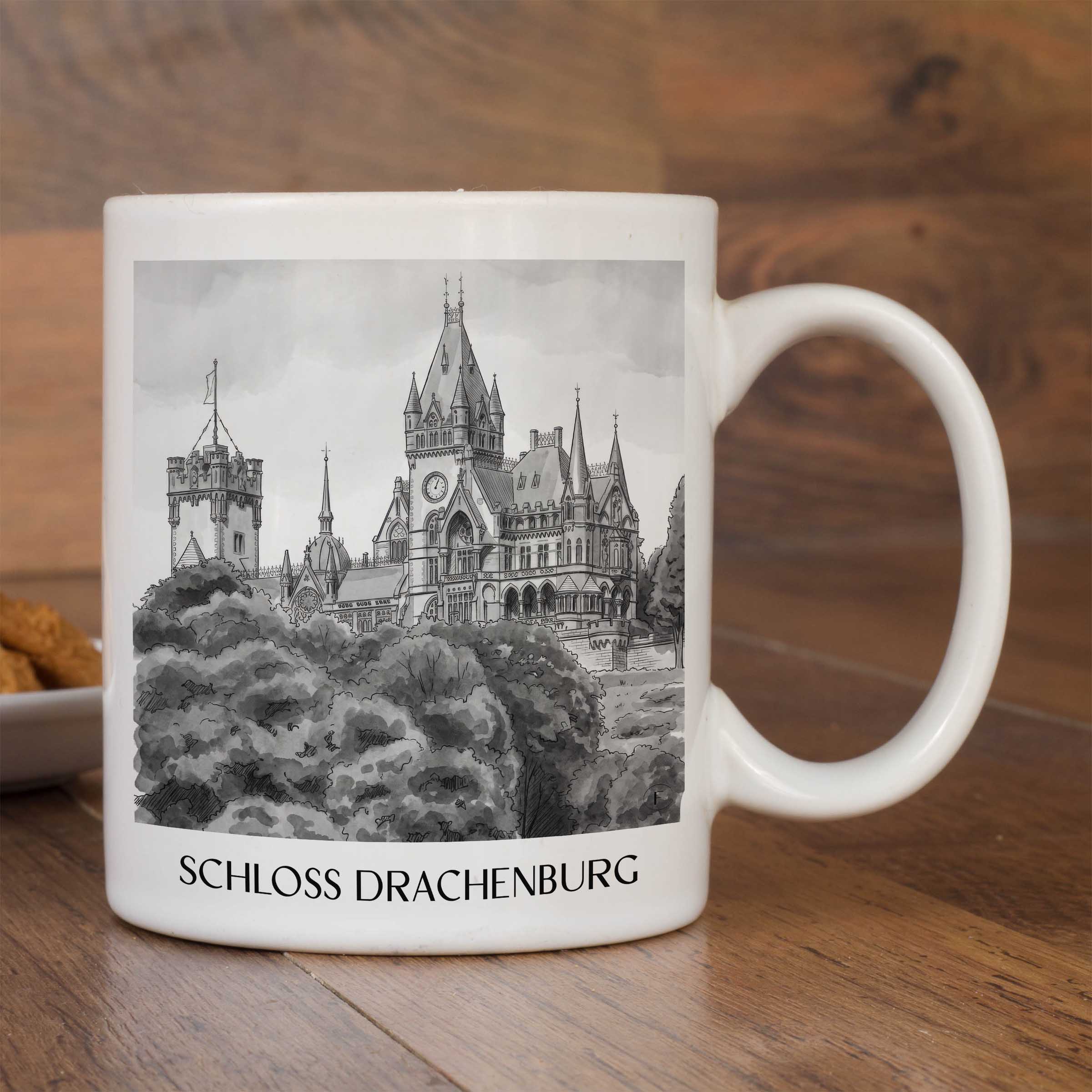 schloss-drachenburg-königswinter-deutschland-kaffeebecher-aquarell-schwarz-weiss