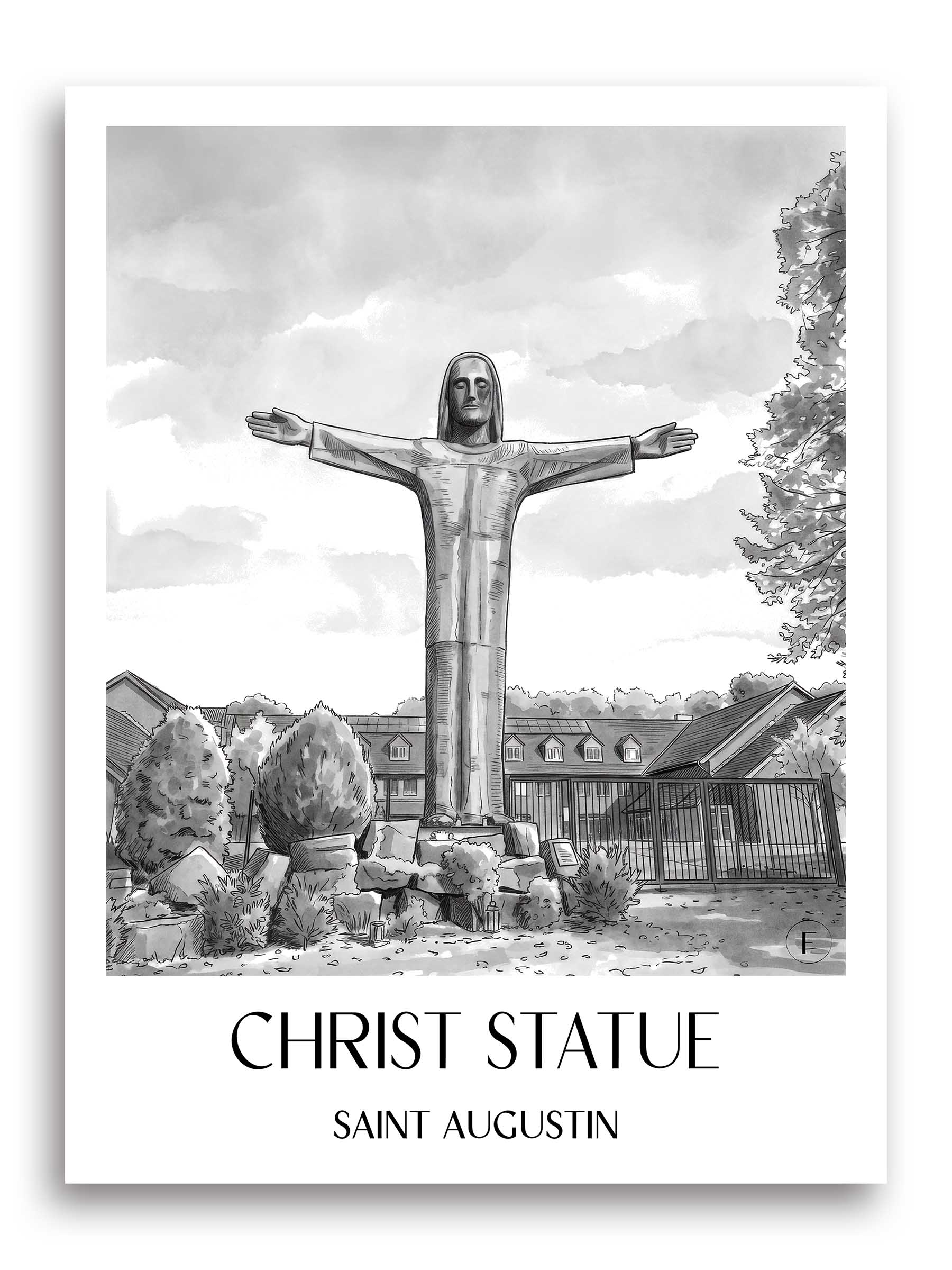 Christusstatue Poster - Sankt Augustin - Deutschland Kunstdruck - Aquarell Schwarz-Weiß von A4 bis A1