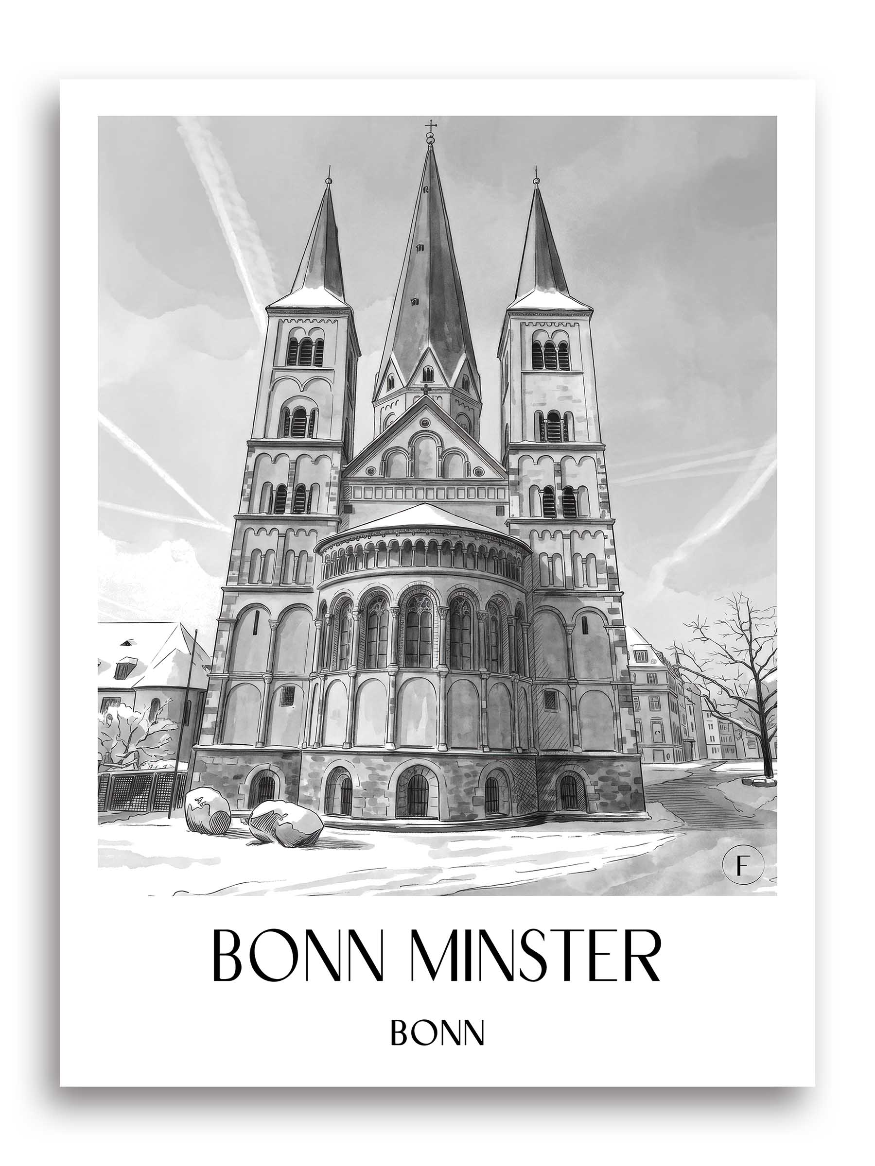 Bonner Münster Poster - Bonn - Deutschland Kunstdruck - Aquarell Schwarz-Weiß von A4 bis A1