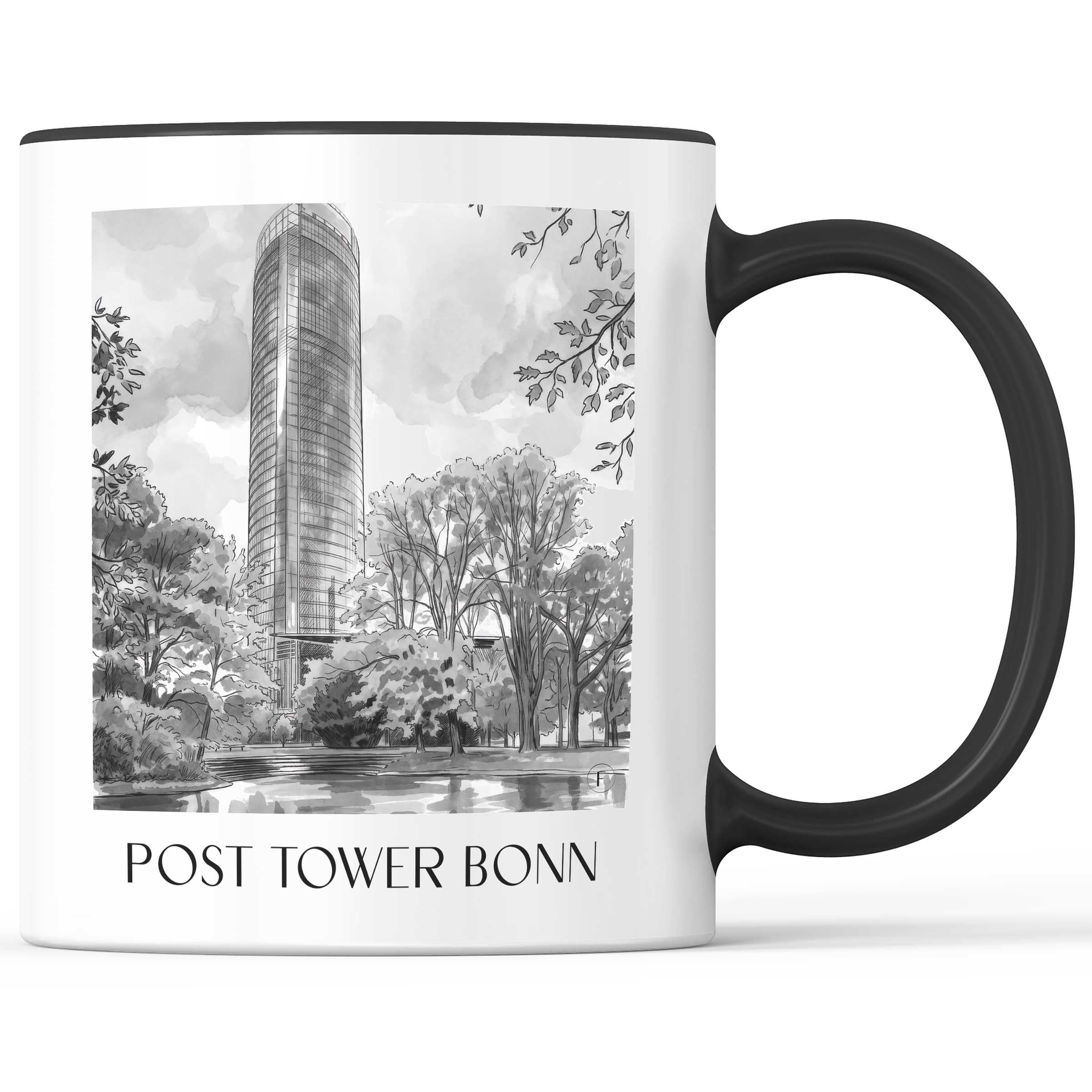 Posttower Kaffeebecher - Bonn - Deutschland Becher - Kaffeetasse im Aquarell Schwarz-Weiß Stil