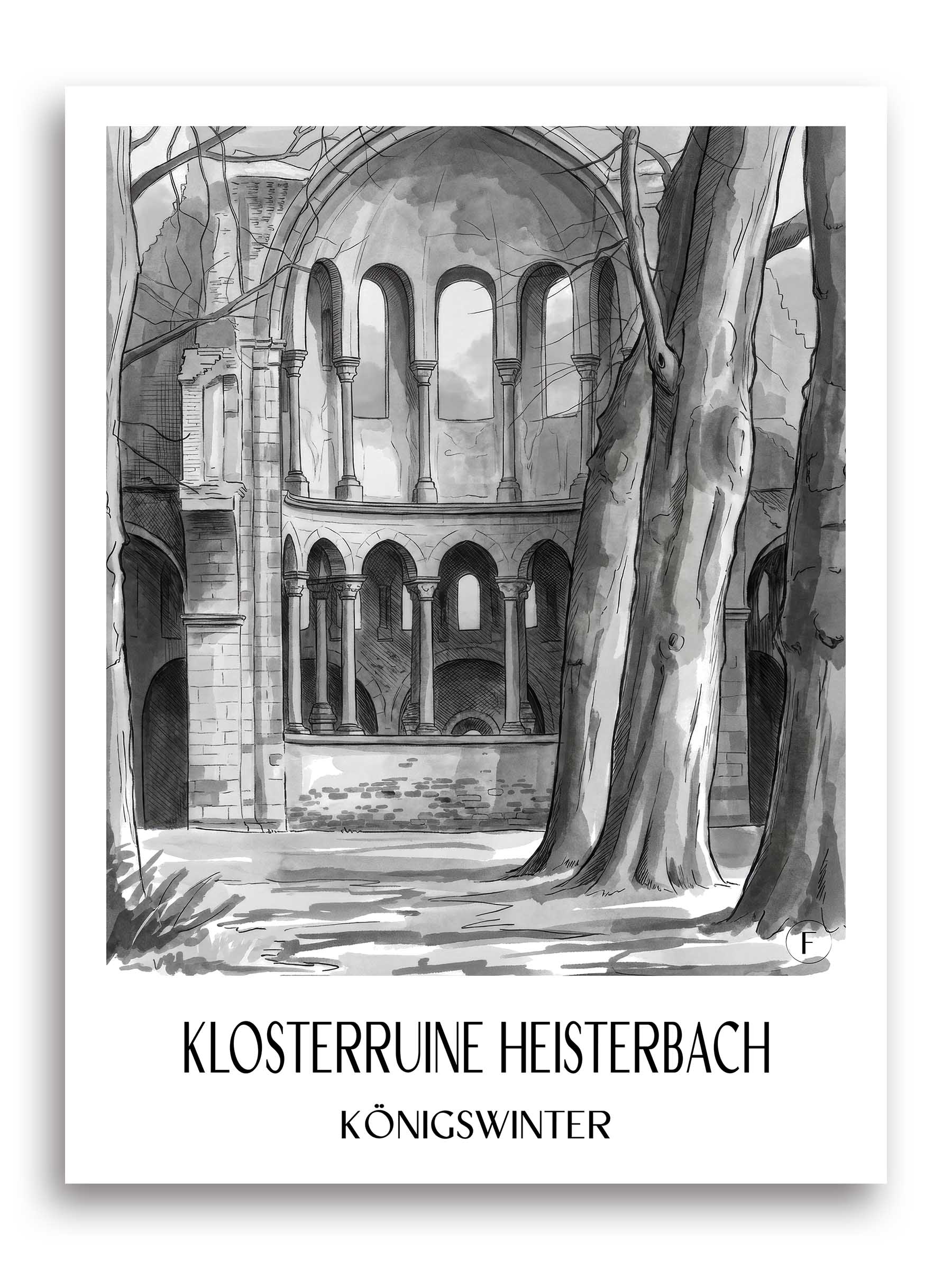 klosterruine-heisterbach-königswinter-deutschland-poster-aquarell-schwarz-weiss