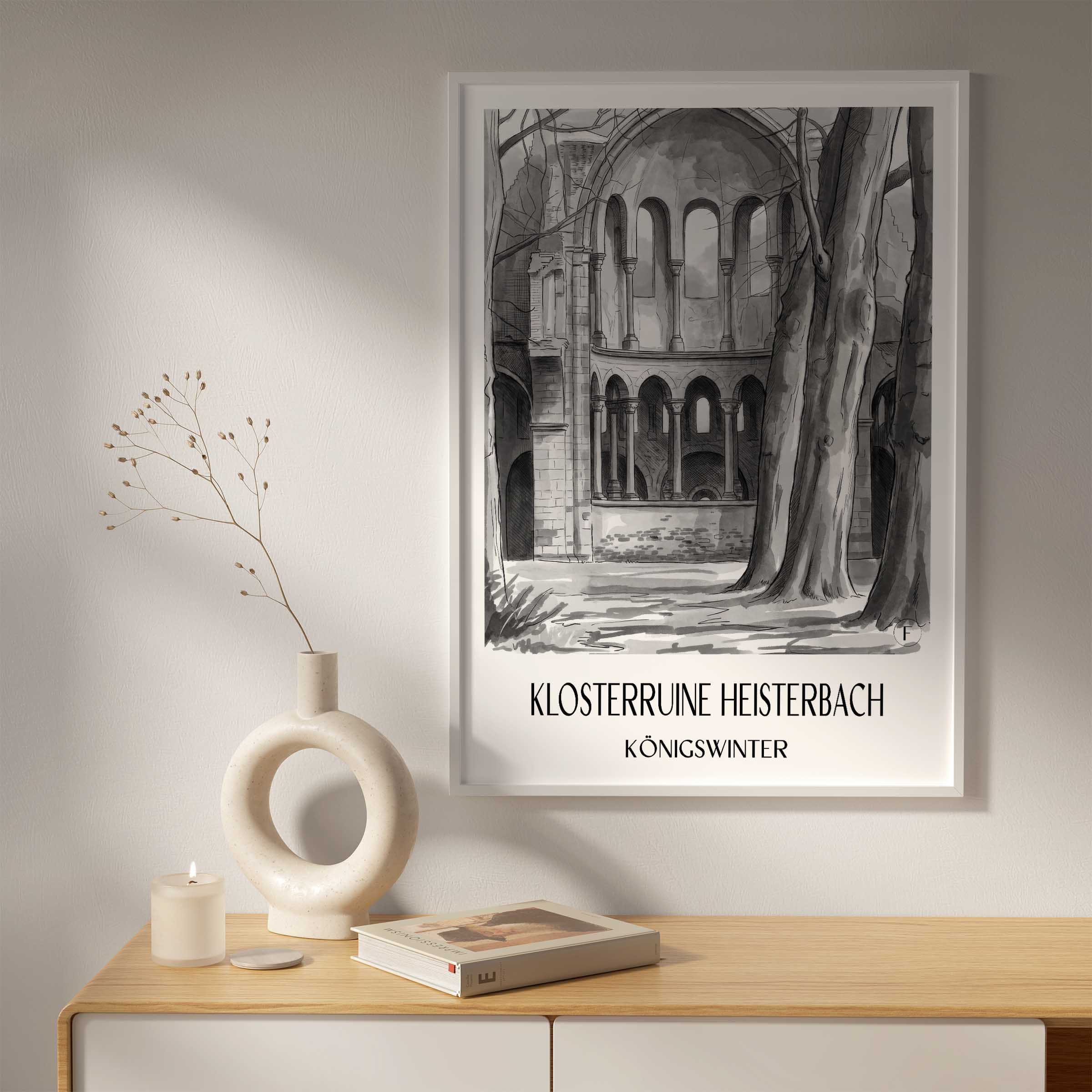 klosterruine-heisterbach-königswinter-deutschland-poster-aquarell-schwarz-weiss