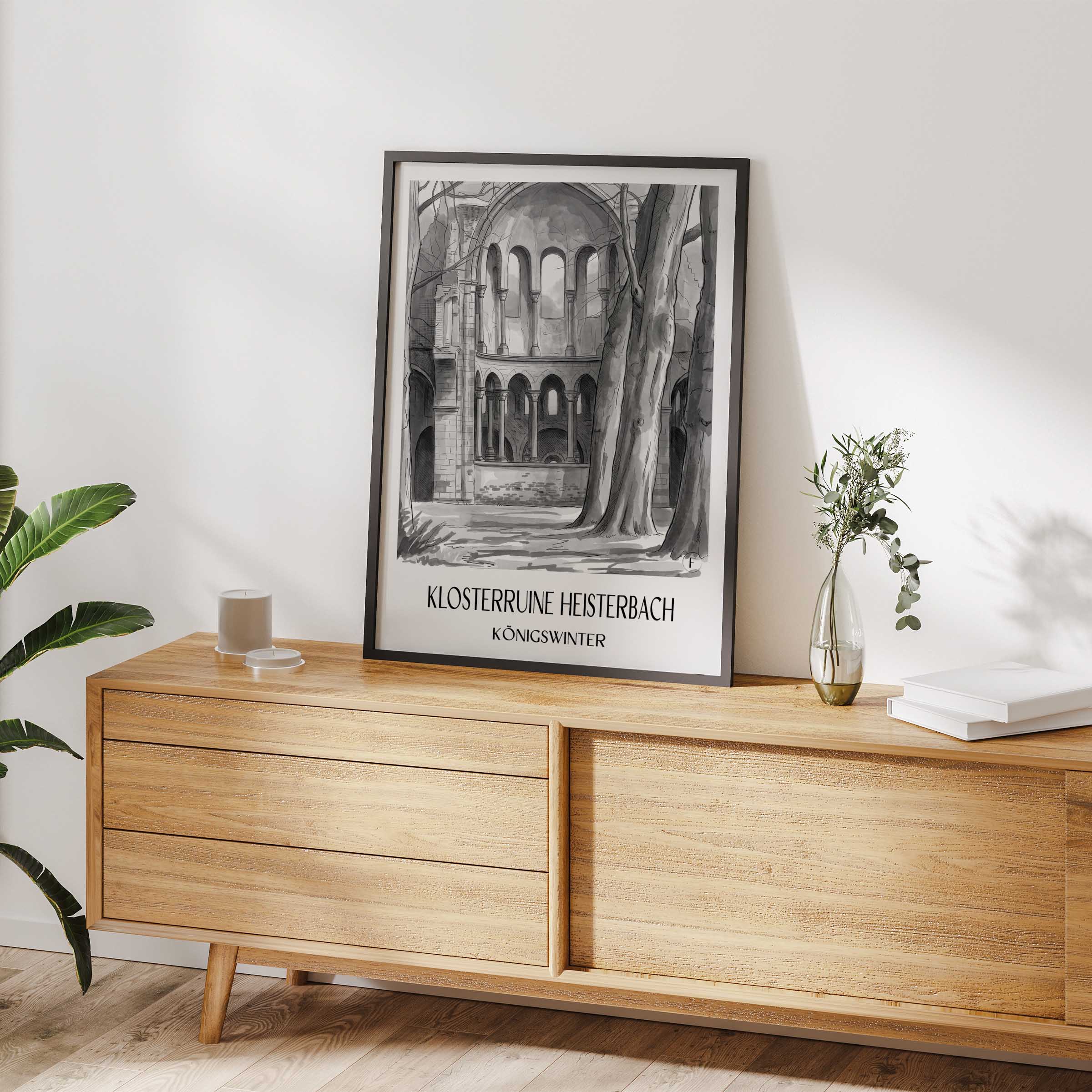 klosterruine-heisterbach-königswinter-deutschland-poster-aquarell-schwarz-weiss