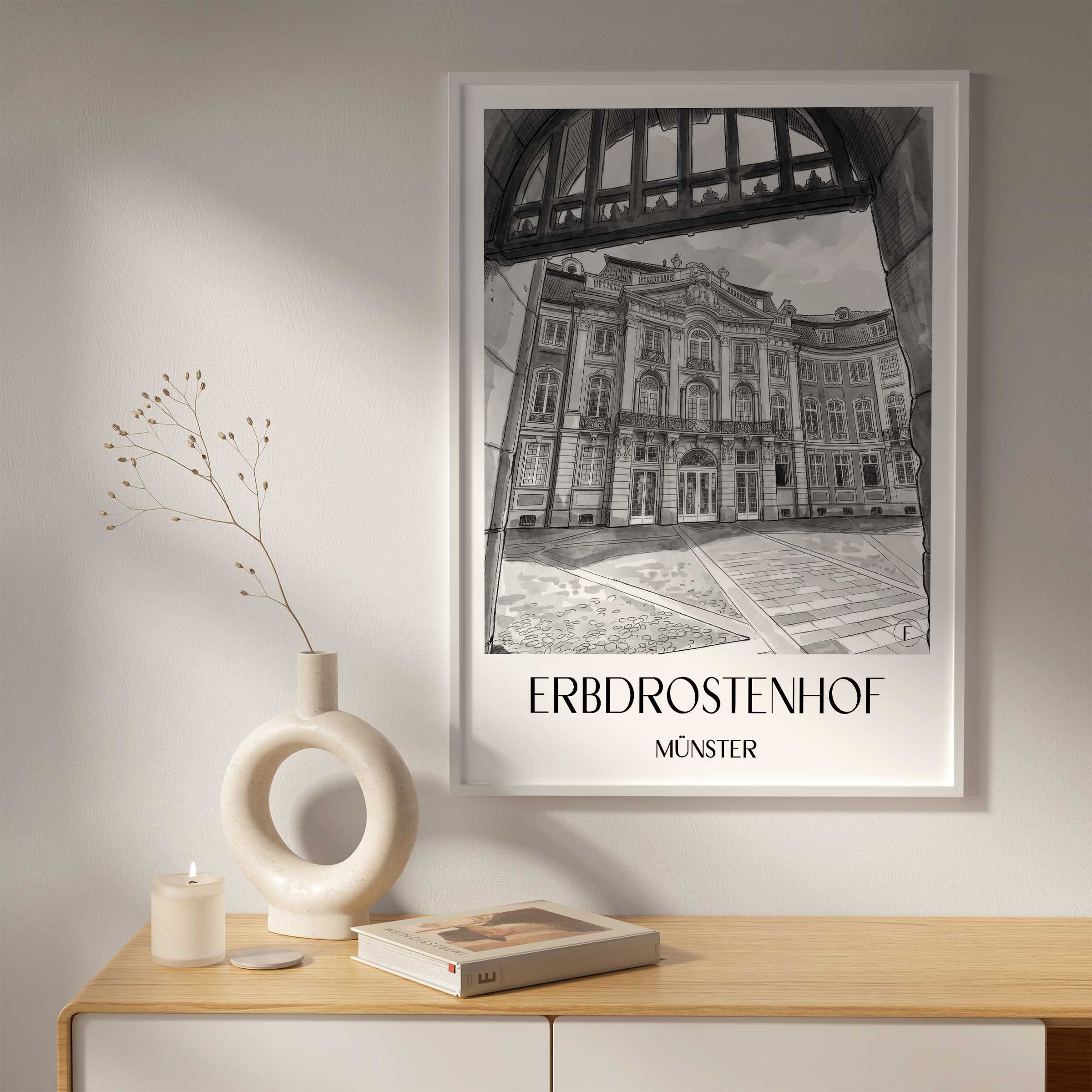 erbdrostenhof-münster-deutschland-poster-aquarell-schwarz-weiss