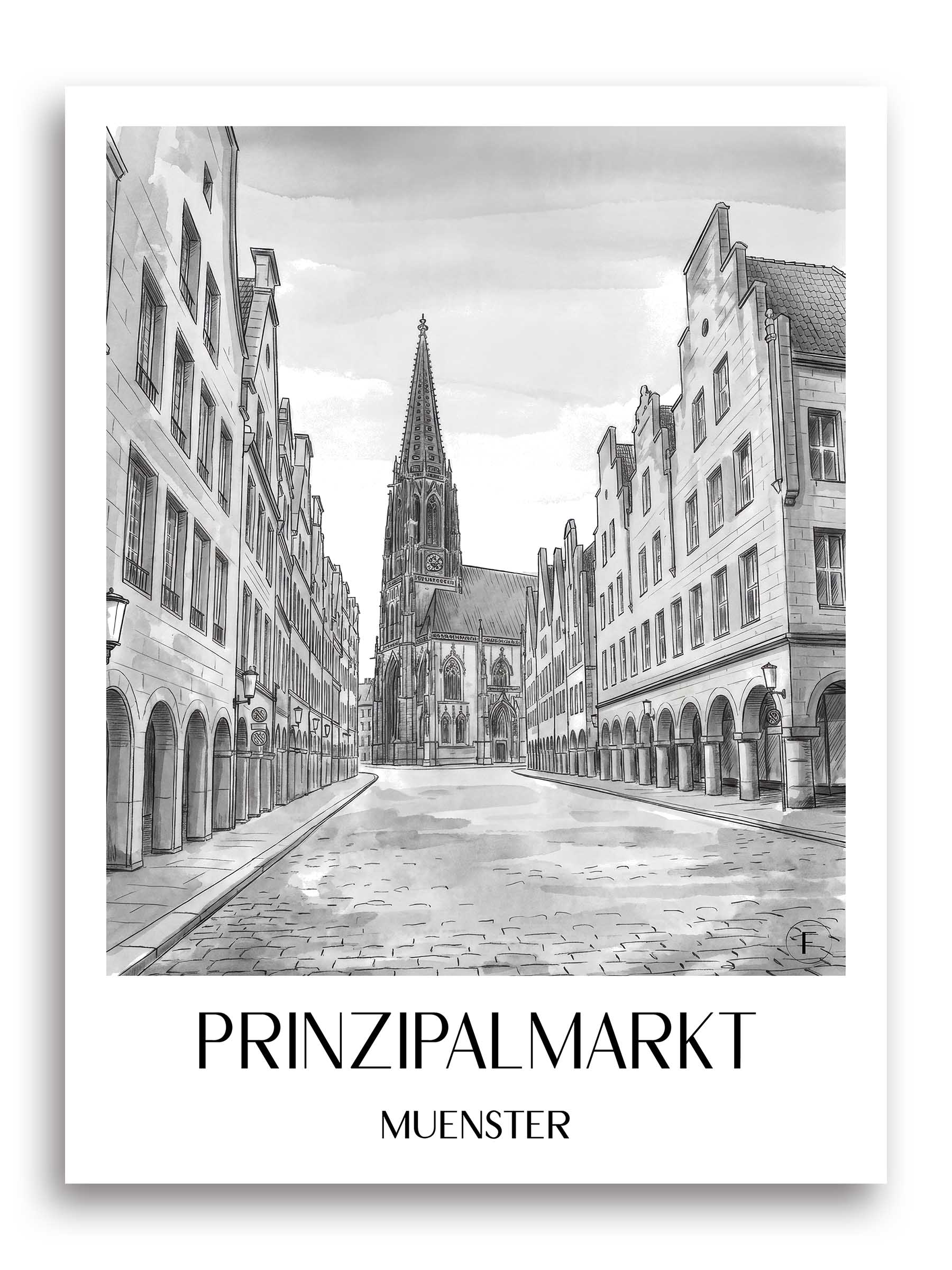 Prinzipalmarkt Poster - Münster - Deutschland Kunstdruck - Aquarell Schwarz-Weiß von A4 bis A1