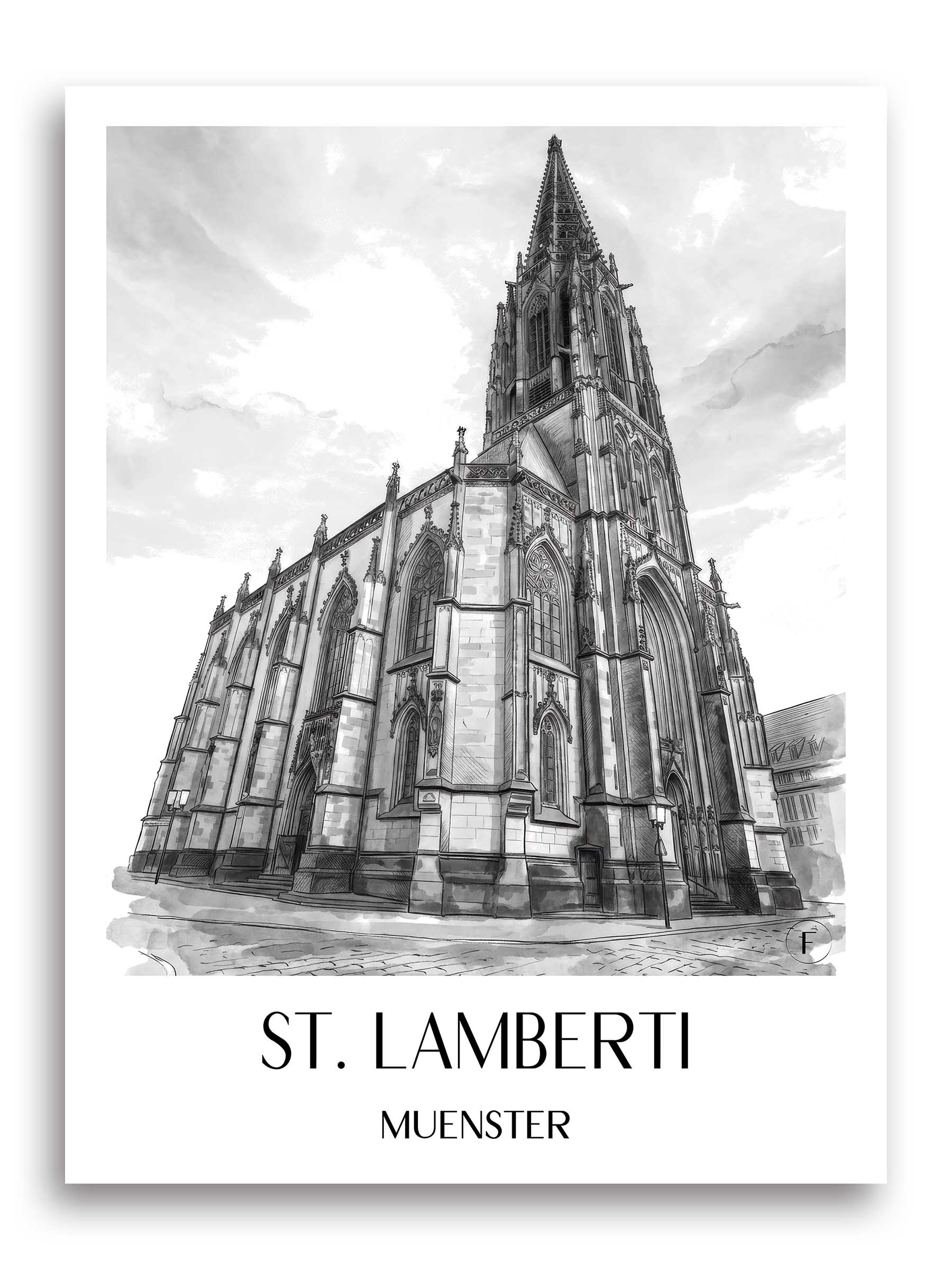 St. Lamberti Poster - Münster - Deutschland Kunstdruck - Aquarell Schwarz-Weiß von A4 bis A1