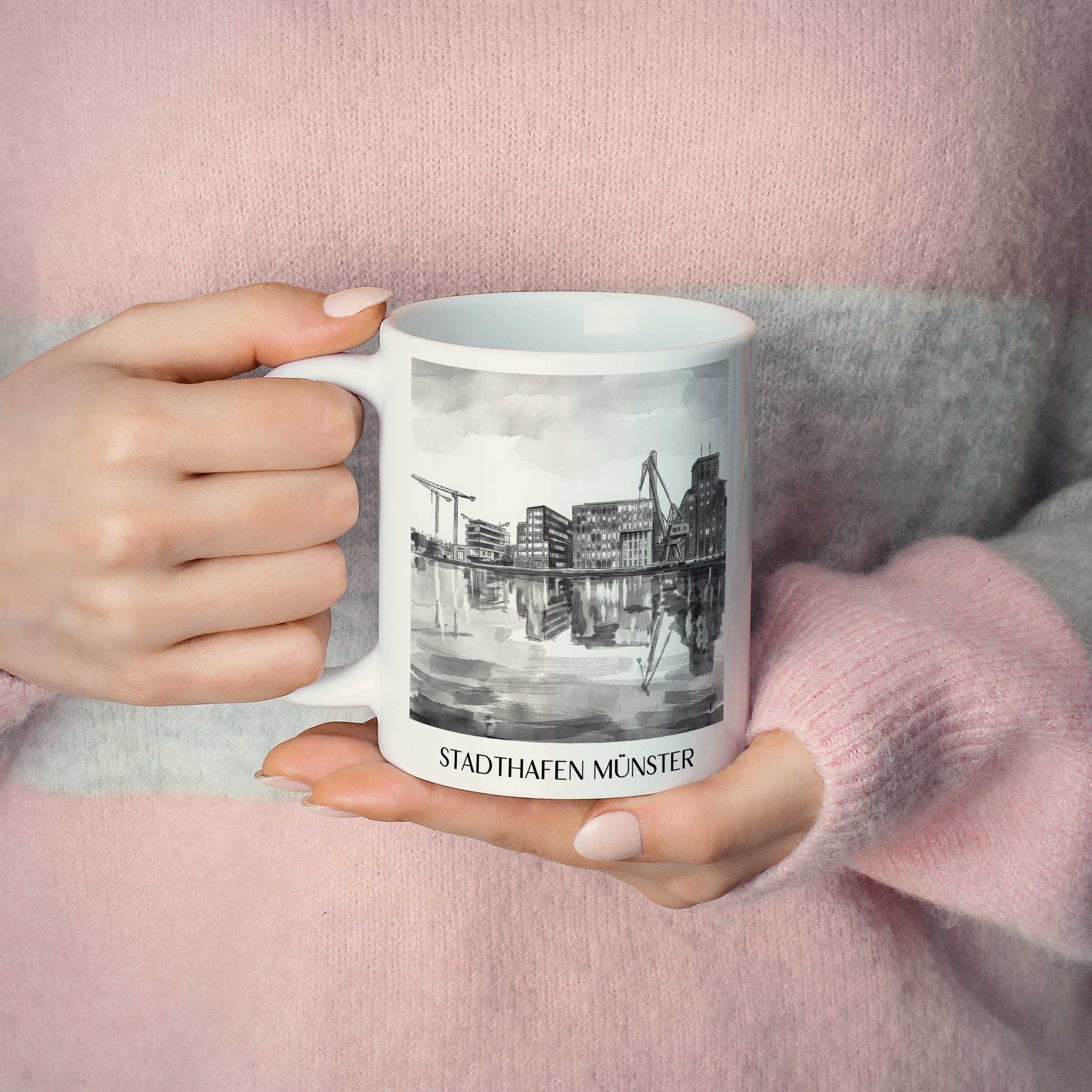 stadthafen-münster-deutschland-kaffeebecher-aquarell-schwarz-weiss
