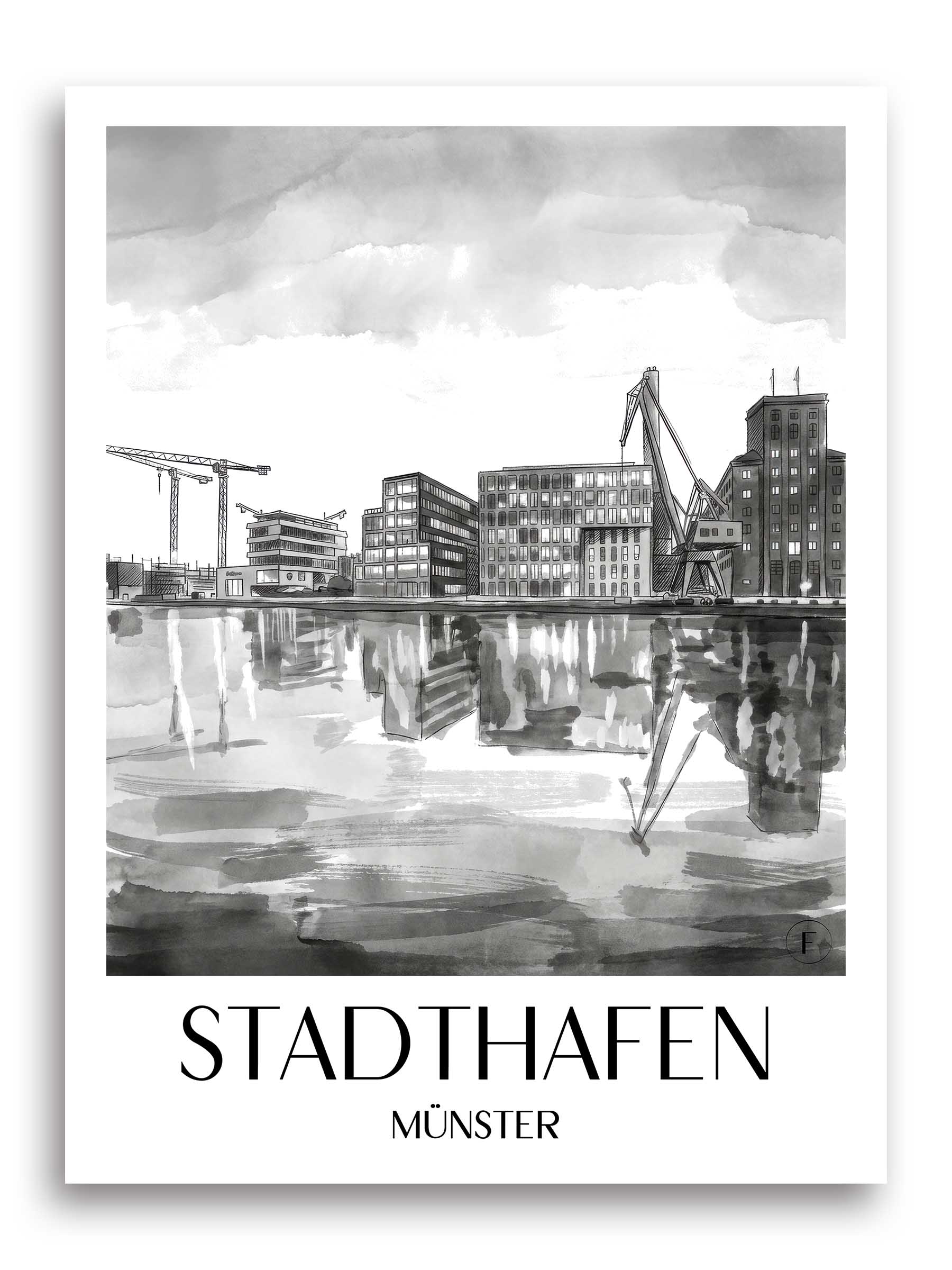 stadthafen-münster-deutschland-poster-aquarell-schwarz-weiss