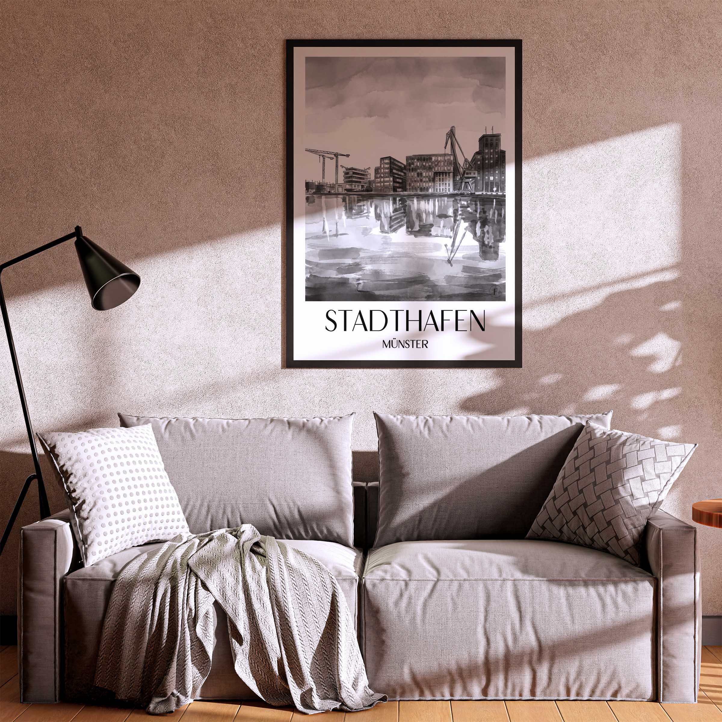 stadthafen-münster-deutschland-poster-aquarell-schwarz-weiss