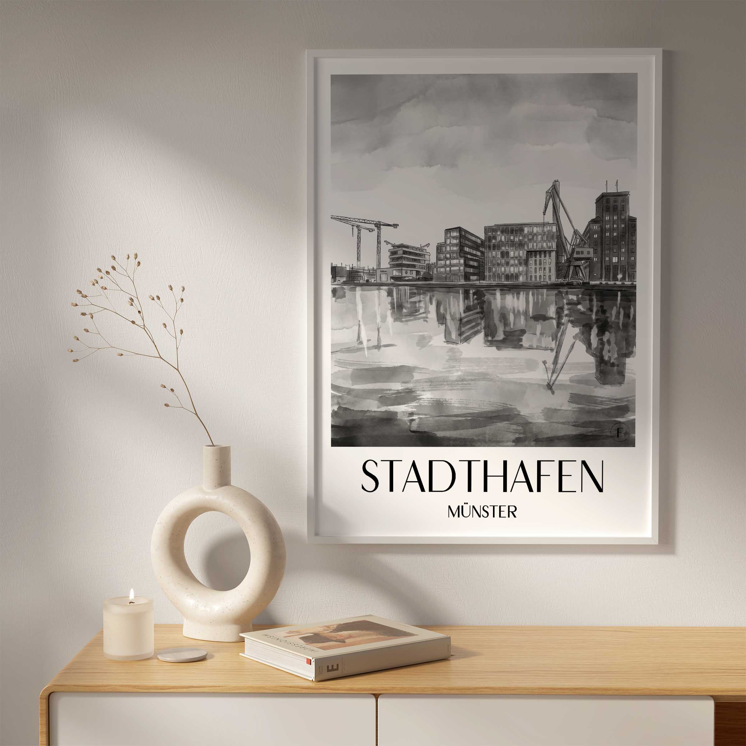 stadthafen-münster-deutschland-poster-aquarell-schwarz-weiss