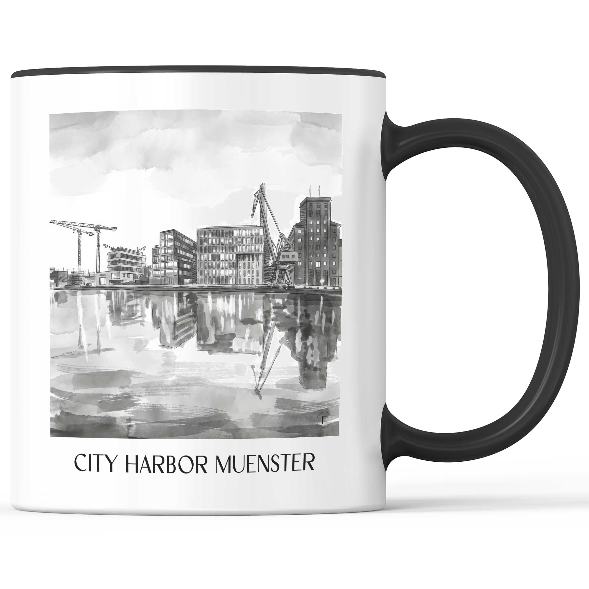 Stadthafen Kaffeebecher - Münster - Deutschland Becher - Kaffeetasse im Aquarell Schwarz-Weiß Stil