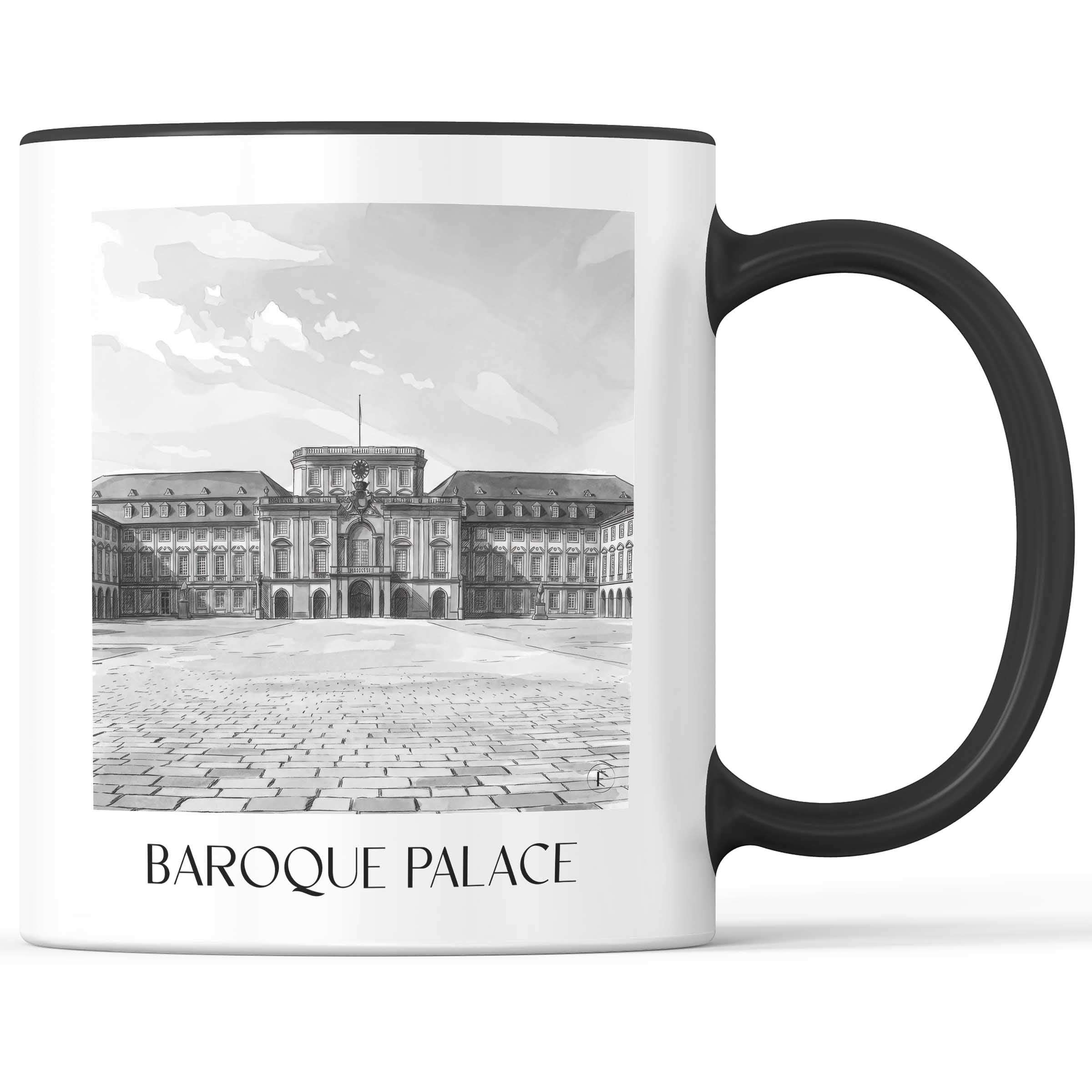 Barockschloss Kaffeebecher - Mannheim - Deutschland Becher - Kaffeetasse im Aquarell Schwarz-Weiß Stil