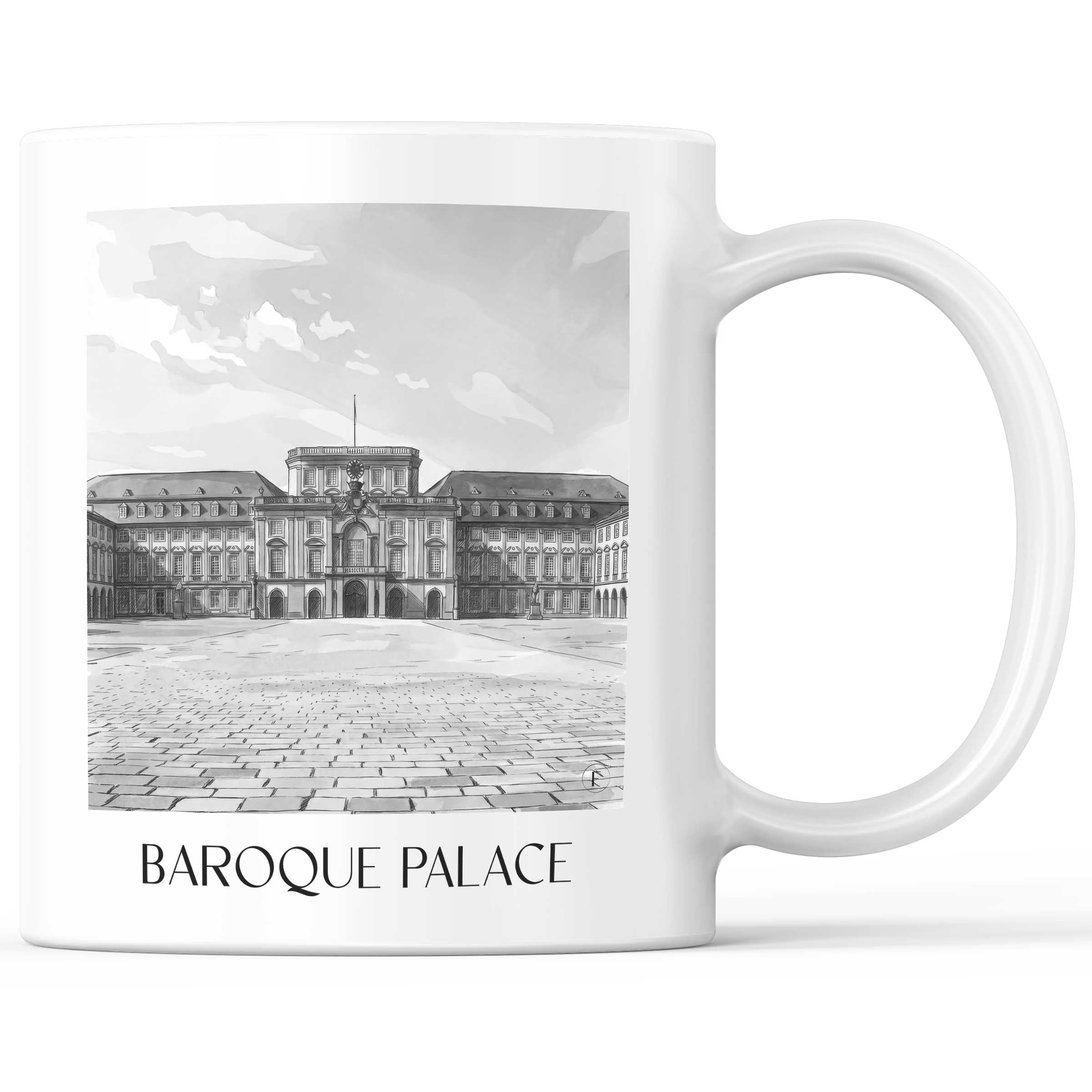 Barockschloss Kaffeebecher - Mannheim - Deutschland Becher - Kaffeetasse im Aquarell Schwarz-Weiß Stil