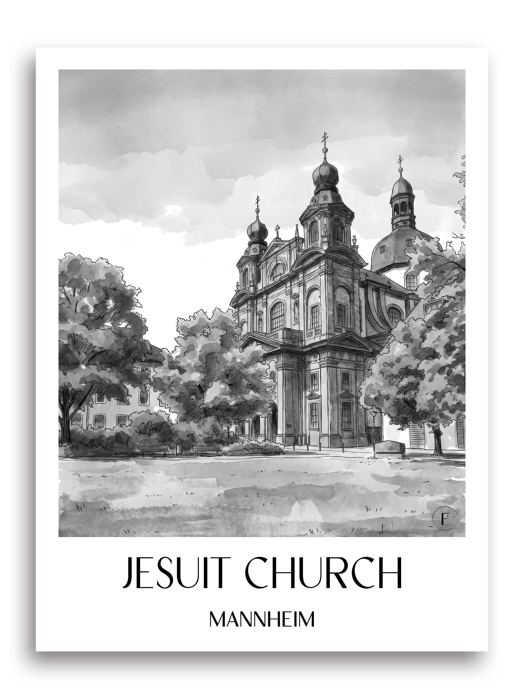 Jesuitenkirche Poster - Mannheim - Deutschland Kunstdruck - Aquarell Schwarz-Weiß von A4 bis A1
