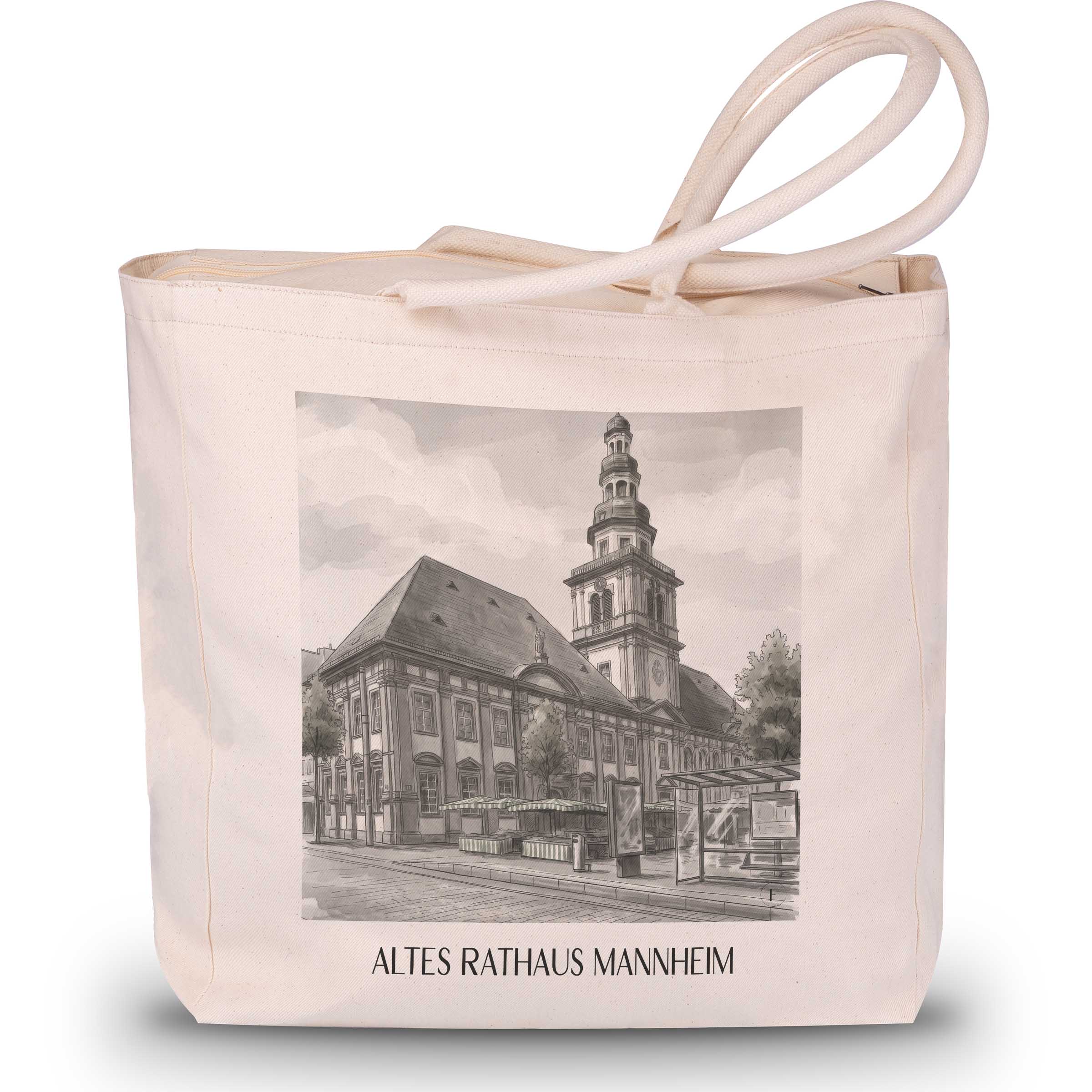 altes-rathaus-mannheim-deutschland-einkaufstasche-aquarell-schwarz-weiss