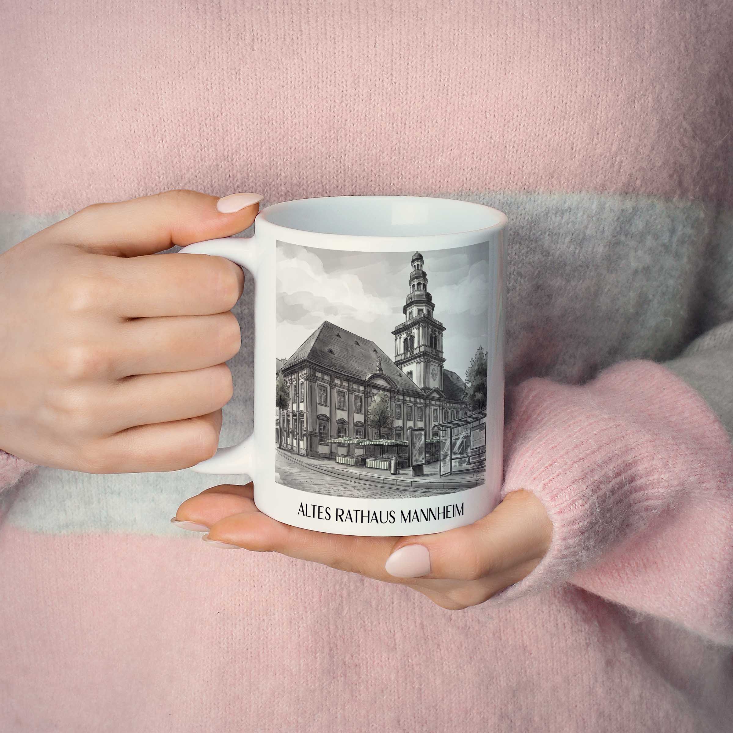 altes-rathaus-mannheim-deutschland-kaffeebecher-aquarell-schwarz-weiss