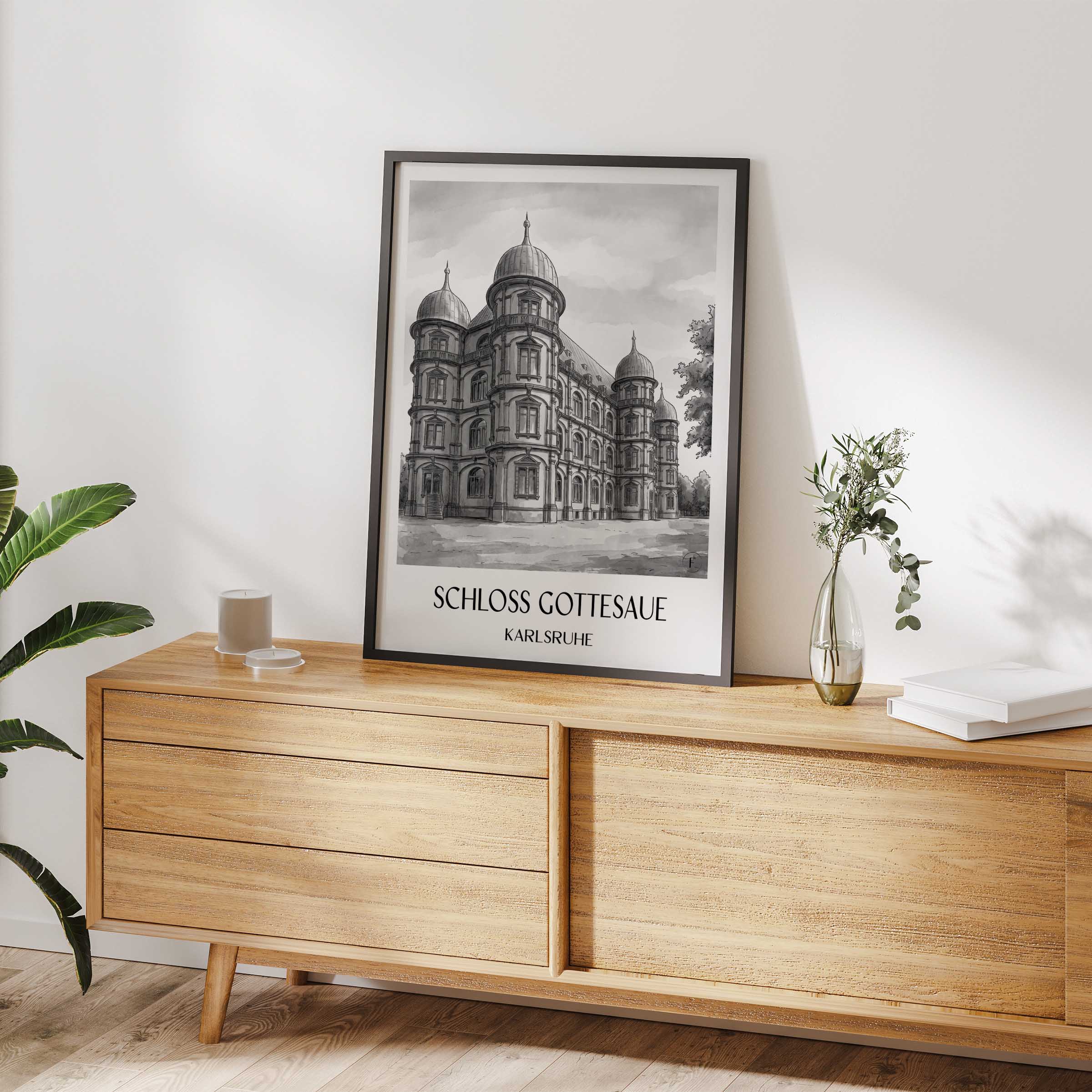 schloss-gottesaue-karlsruhe-deutschland-poster-aquarell-schwarz-weiss