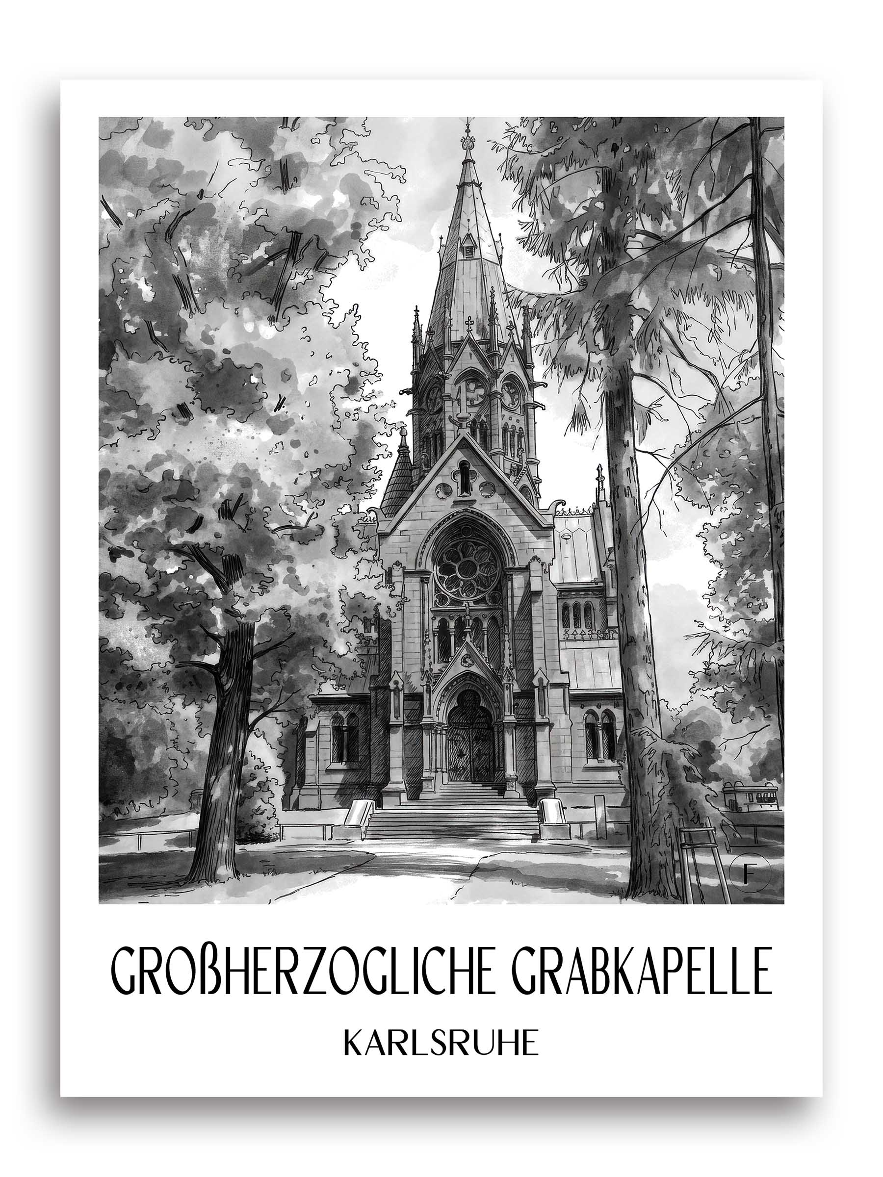 großherzogliche-grabkapelle-karlsruhe-deutschland-poster-aquarell-schwarz-weiss
