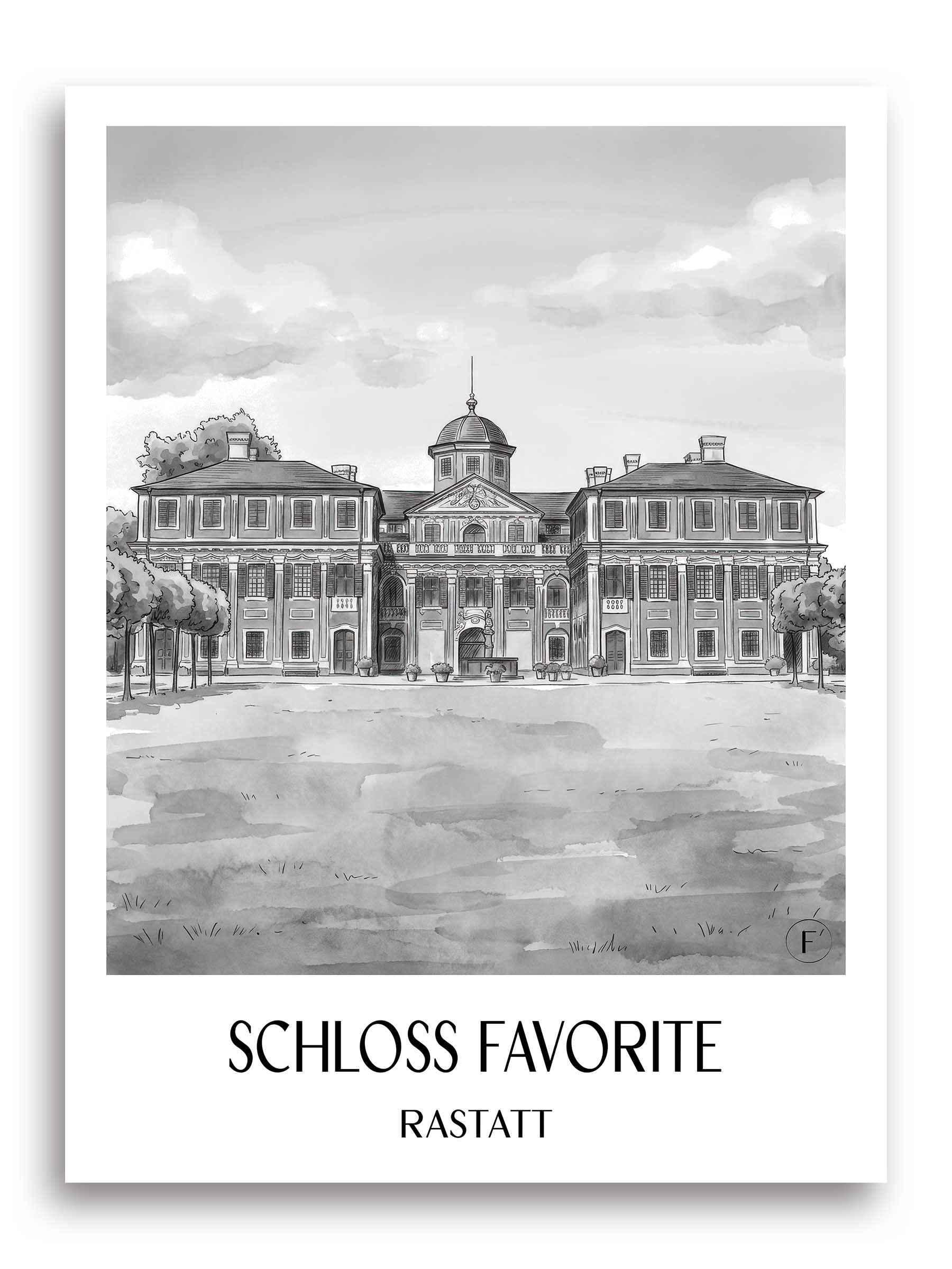schloss-favorite-rastatt-deutschland-poster-aquarell-schwarz-weiss