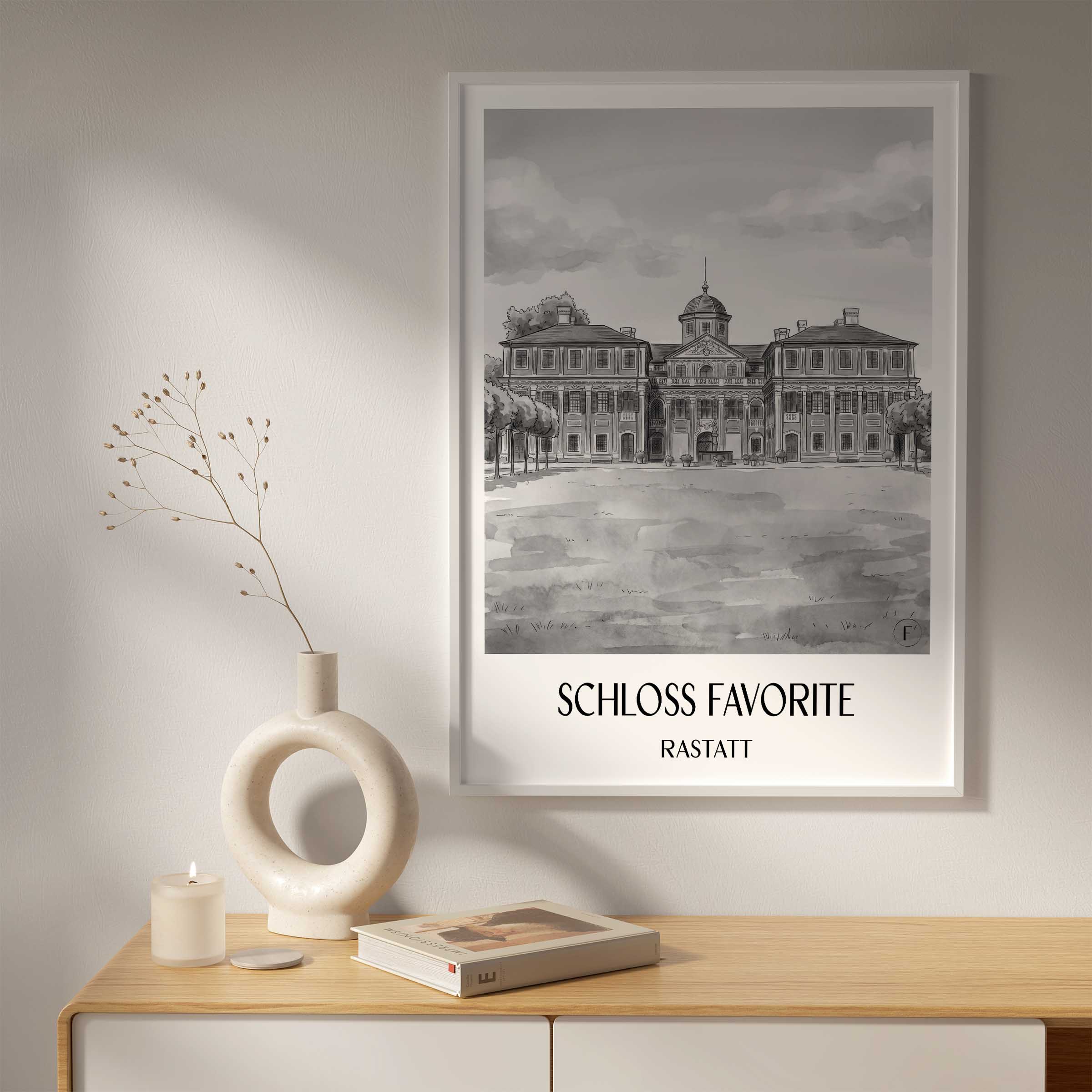 schloss-favorite-rastatt-deutschland-poster-aquarell-schwarz-weiss