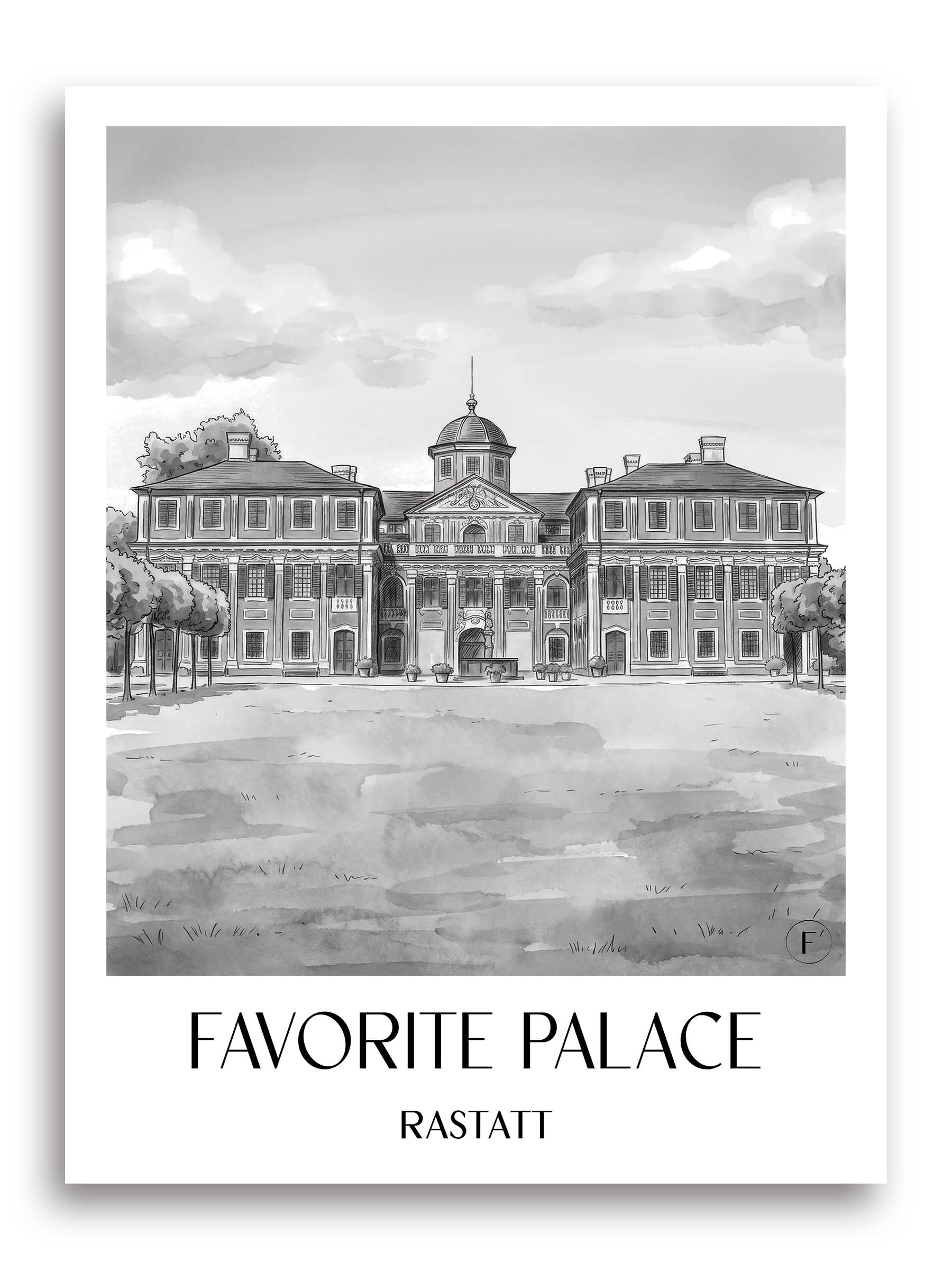 Schloss Favorite Poster - Rastatt - Deutschland Kunstdruck - Aquarell Schwarz-Weiß von A4 bis A1