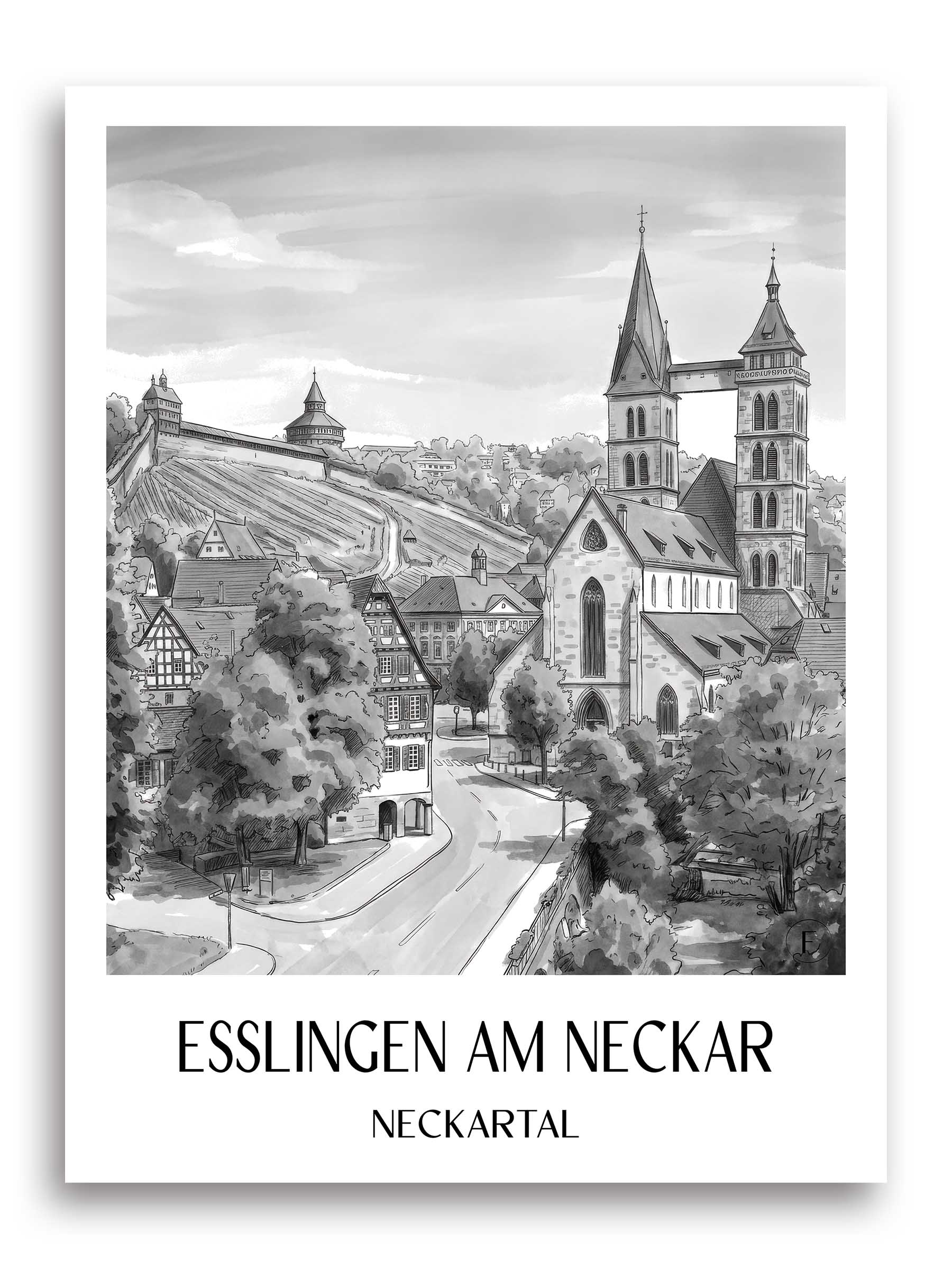esslingen-am-neckar-neckartal-deutschland-poster-aquarell-schwarz-weiss
