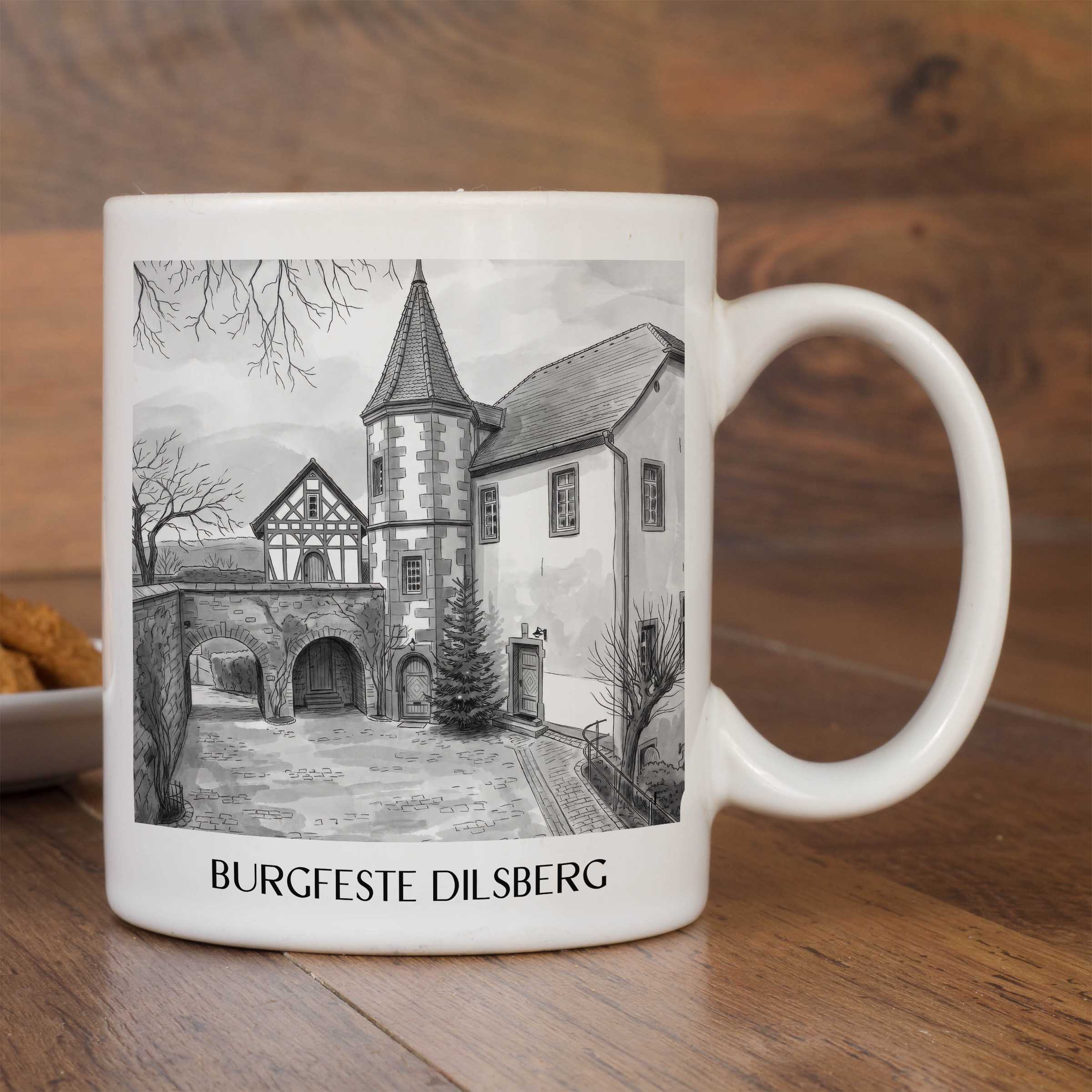burgfeste-dilsberg-neckargmünd-deutschland-kaffeebecher-aquarell-schwarz-weiss
