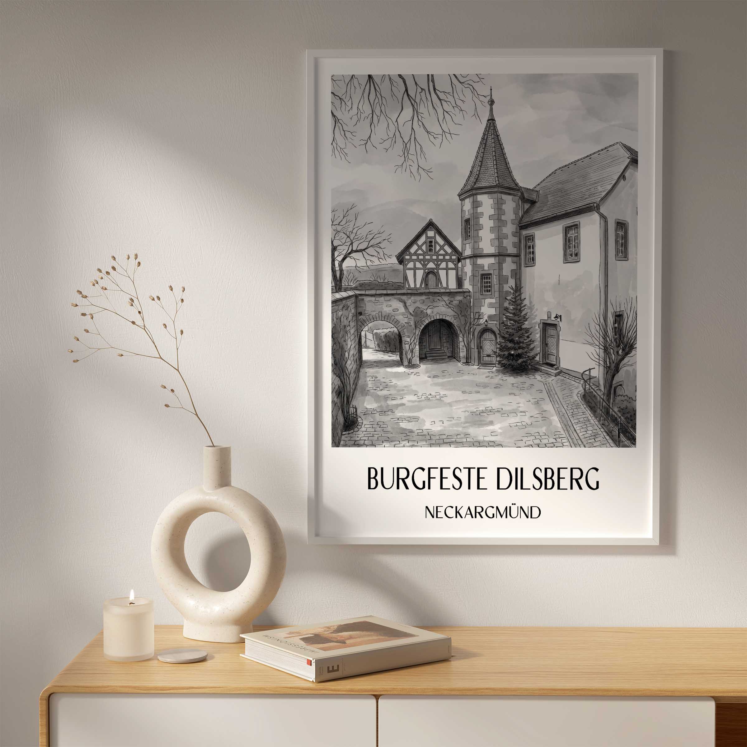burgfeste-dilsberg-neckargmünd-deutschland-poster-aquarell-schwarz-weiss
