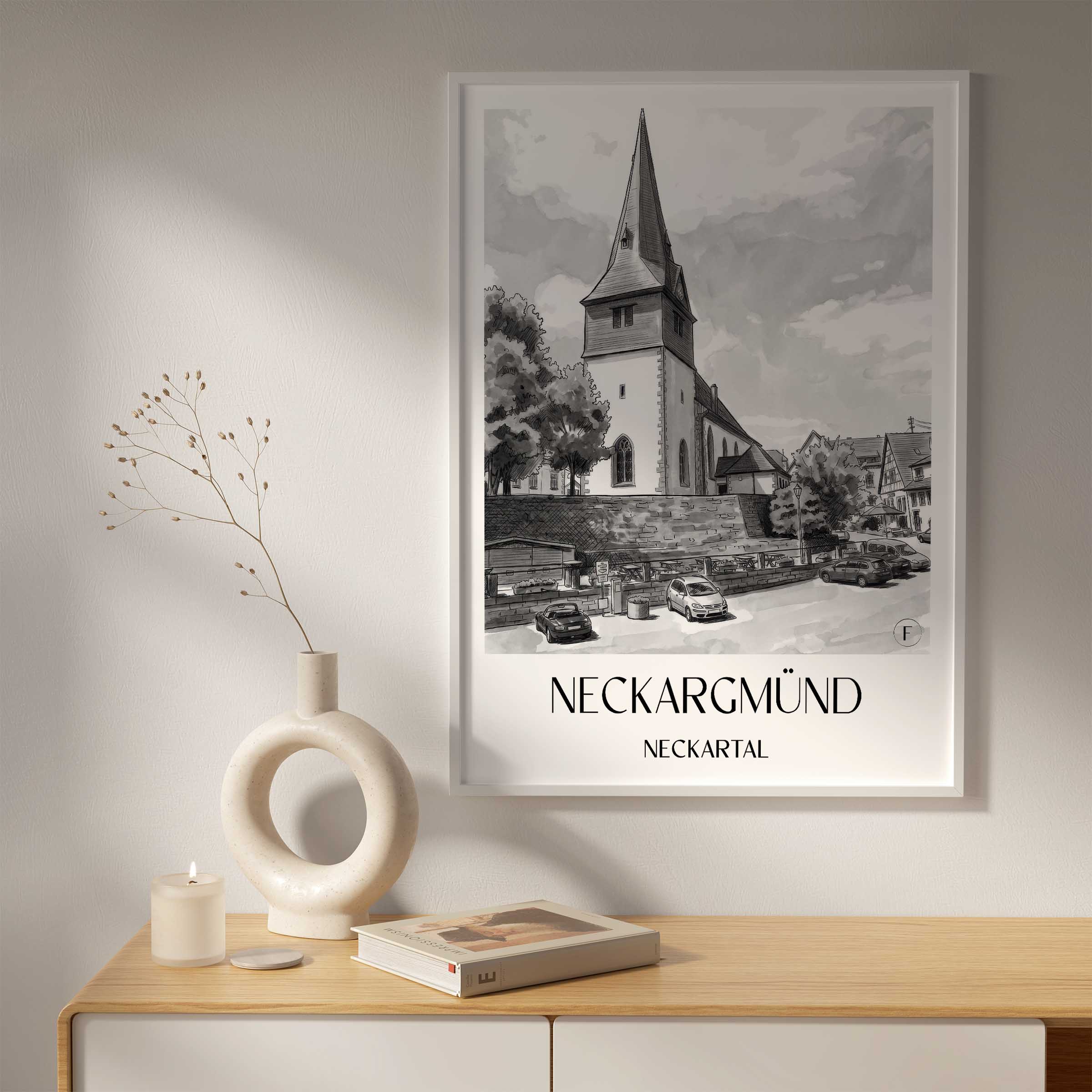neckargmünd-neckartal-deutschland-poster-aquarell-schwarz-weiss