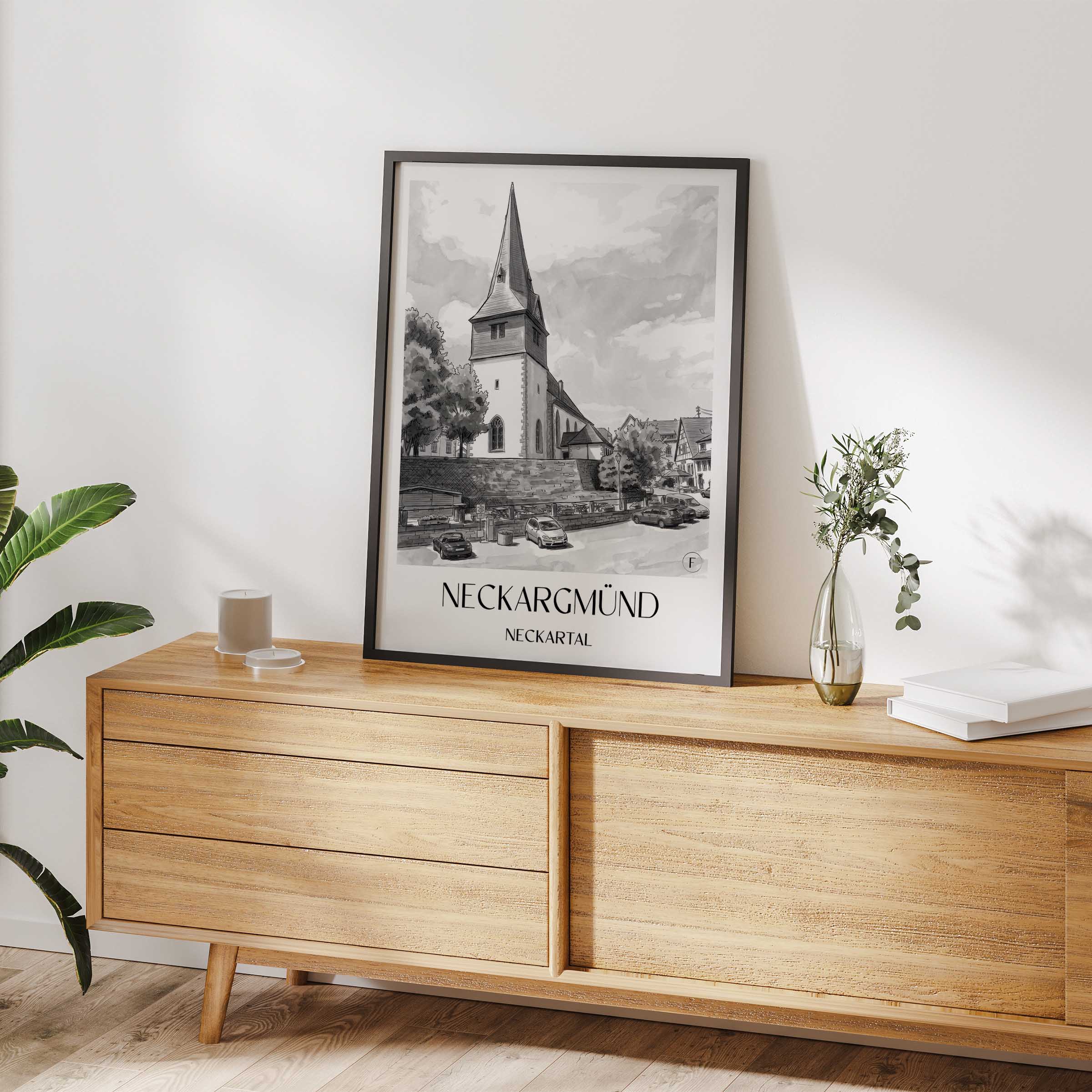 neckargmünd-neckartal-deutschland-poster-aquarell-schwarz-weiss